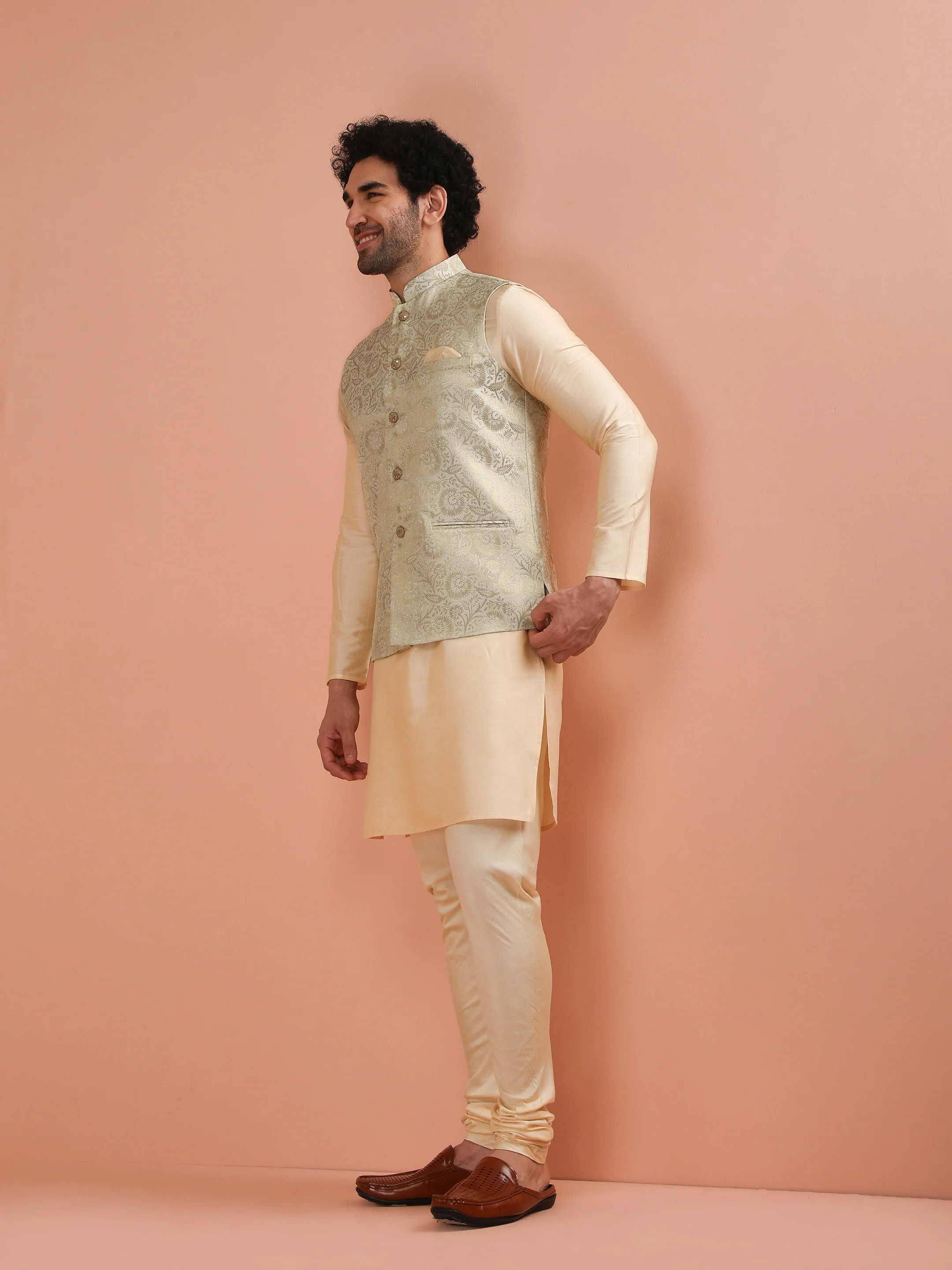Men Cream Jacquard Kurta Jacket Churidar Set with Floral - Image 4