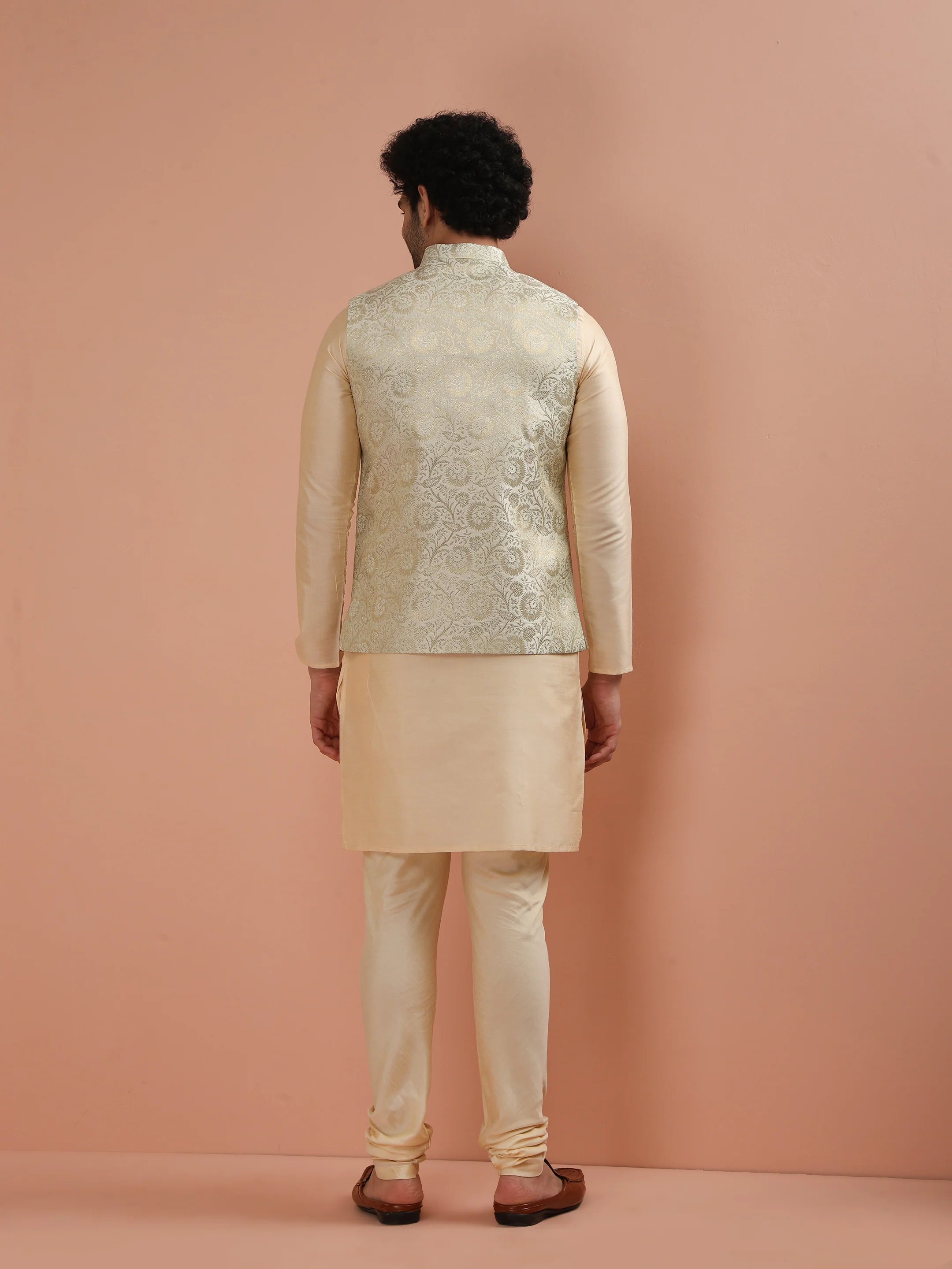 Men Cream Jacquard Kurta Jacket Churidar Set with Floral - Image 5
