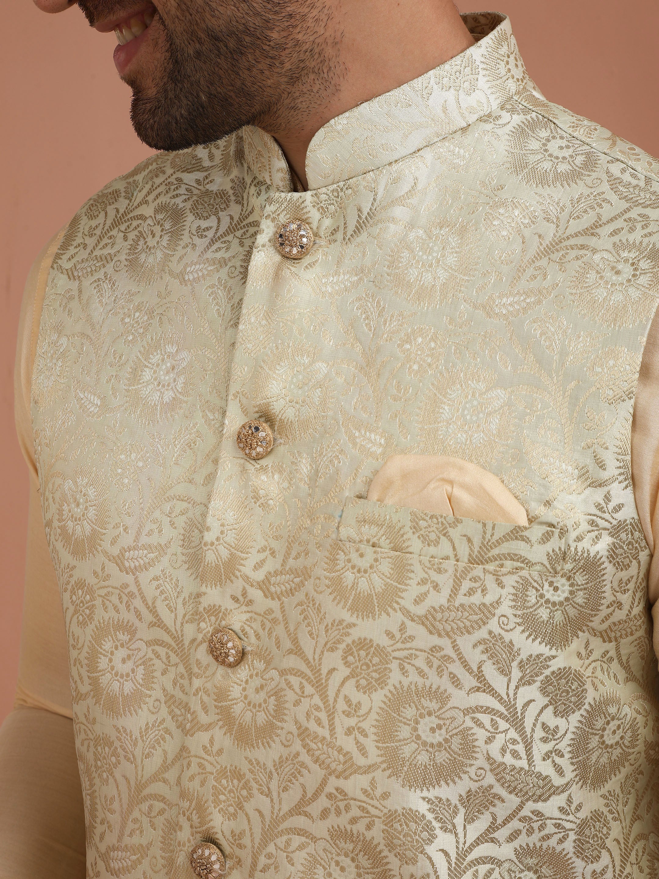 Men Cream Jacquard Kurta Jacket Churidar Set with Floral - Image 6