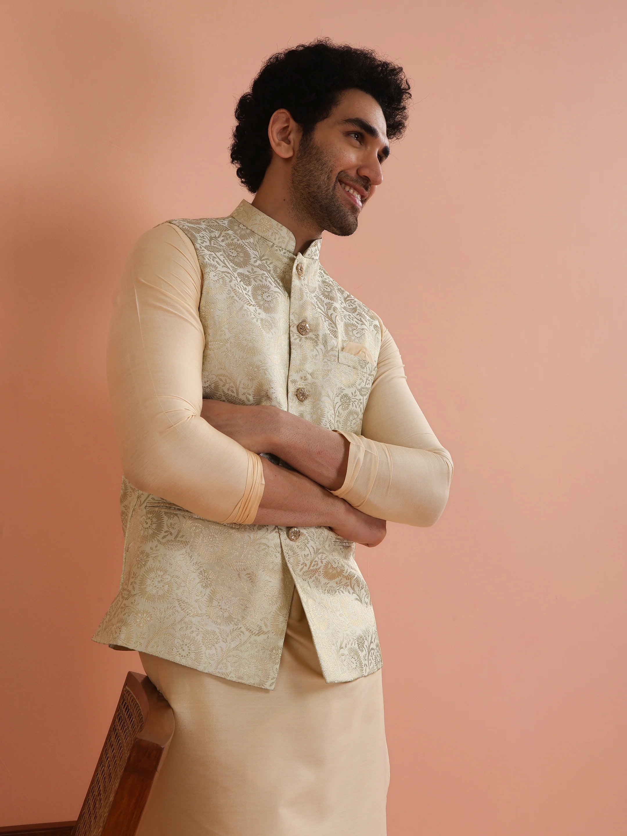 Men Cream Jacquard Kurta Jacket Churidar Set with Floral - Image 8