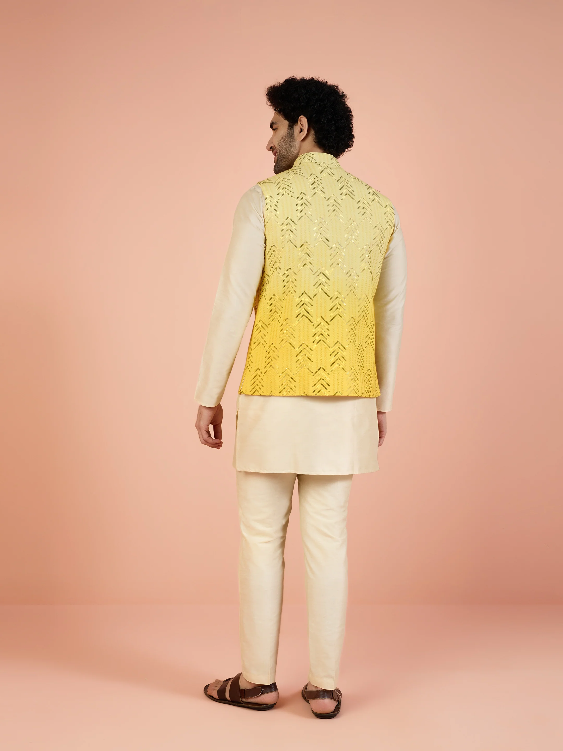 Yellow Ombre Sequinned Nehru Jacket Set - Image 4