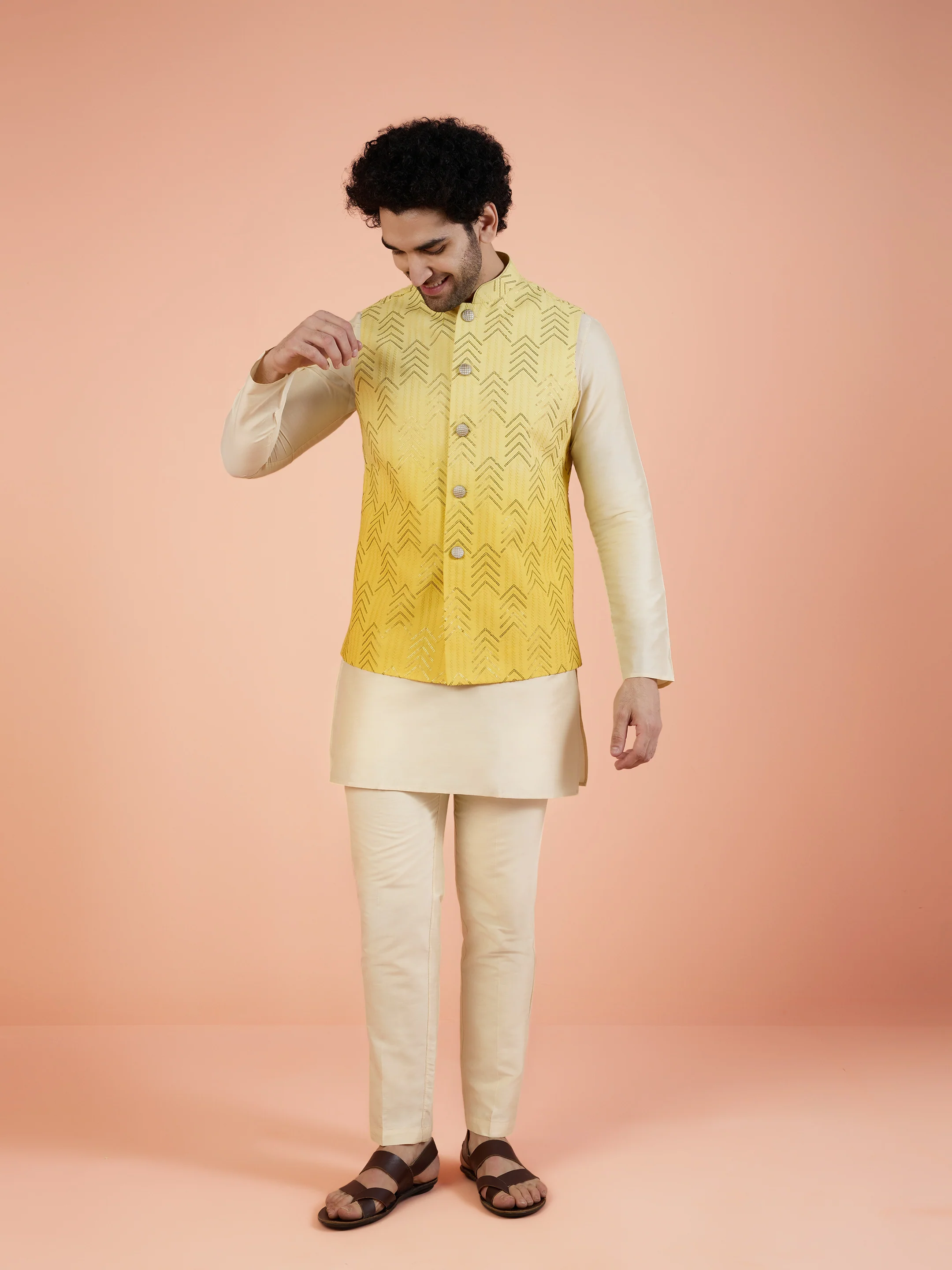 Yellow Ombre Sequinned Nehru Jacket Set - Image 8