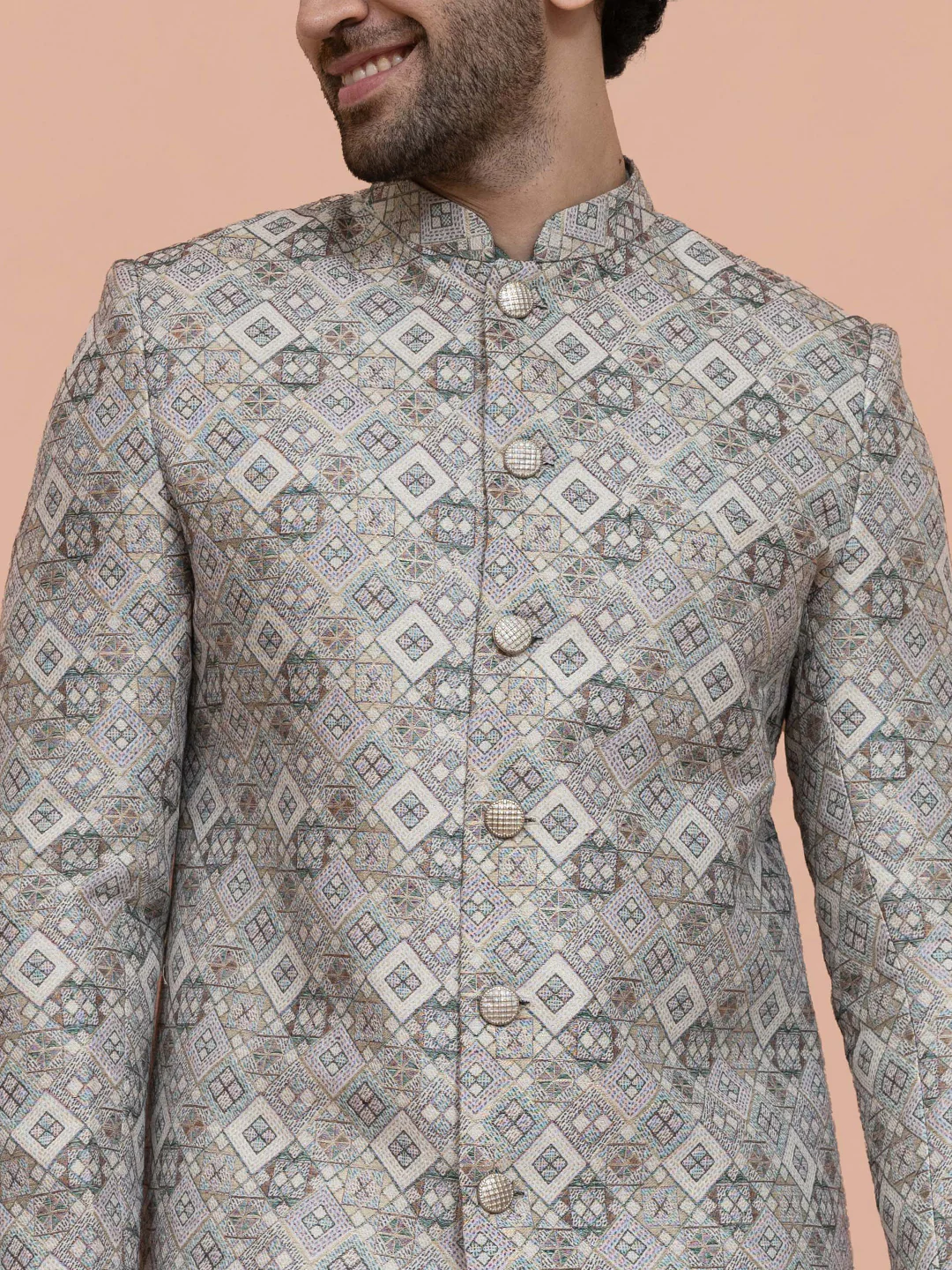 Men Off White Geometric Kurta Indo-western Trouser Set - Image 5
