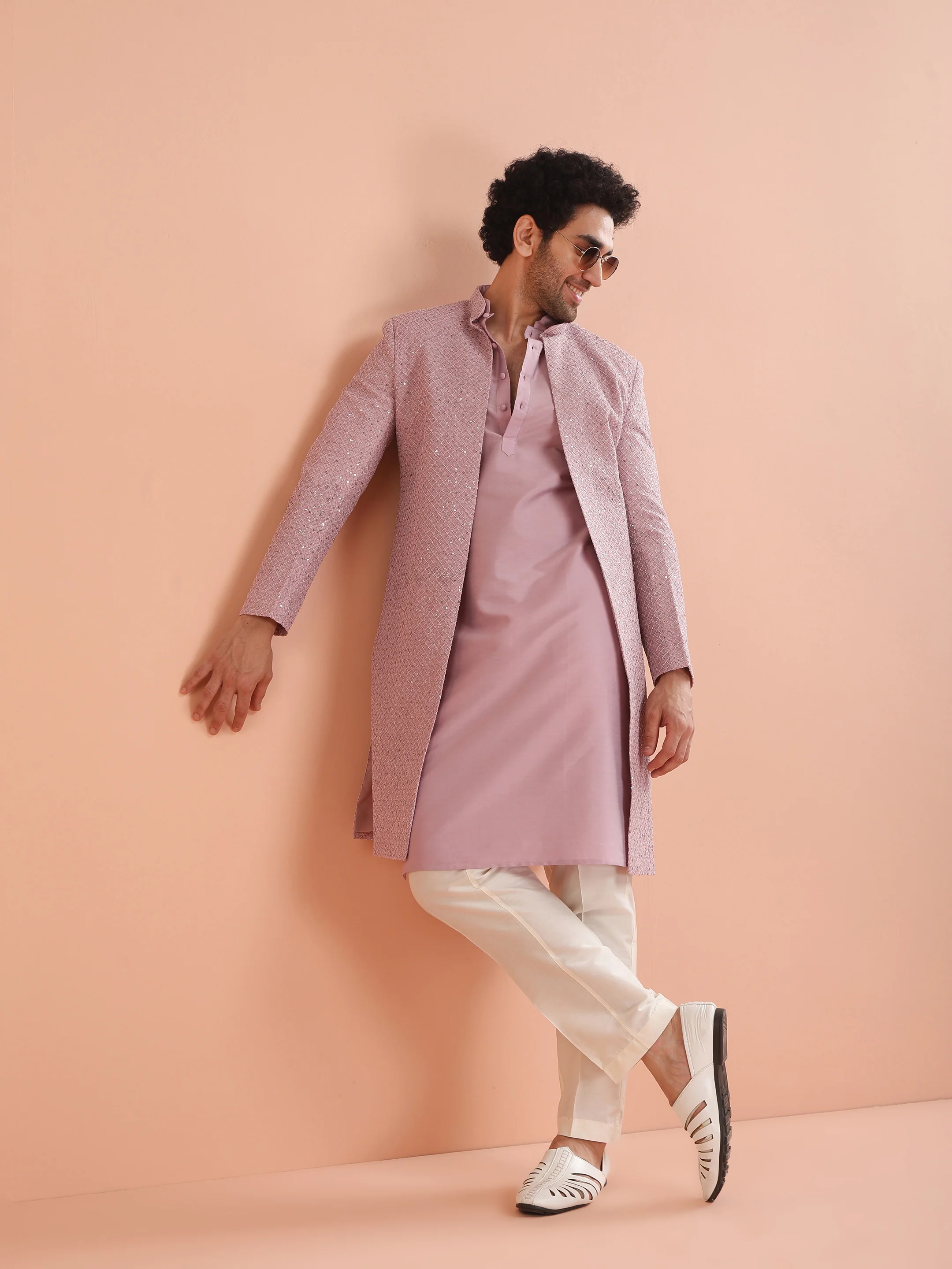 Men Pink Printed Kurta Indowestern Trouser Set with Abstract