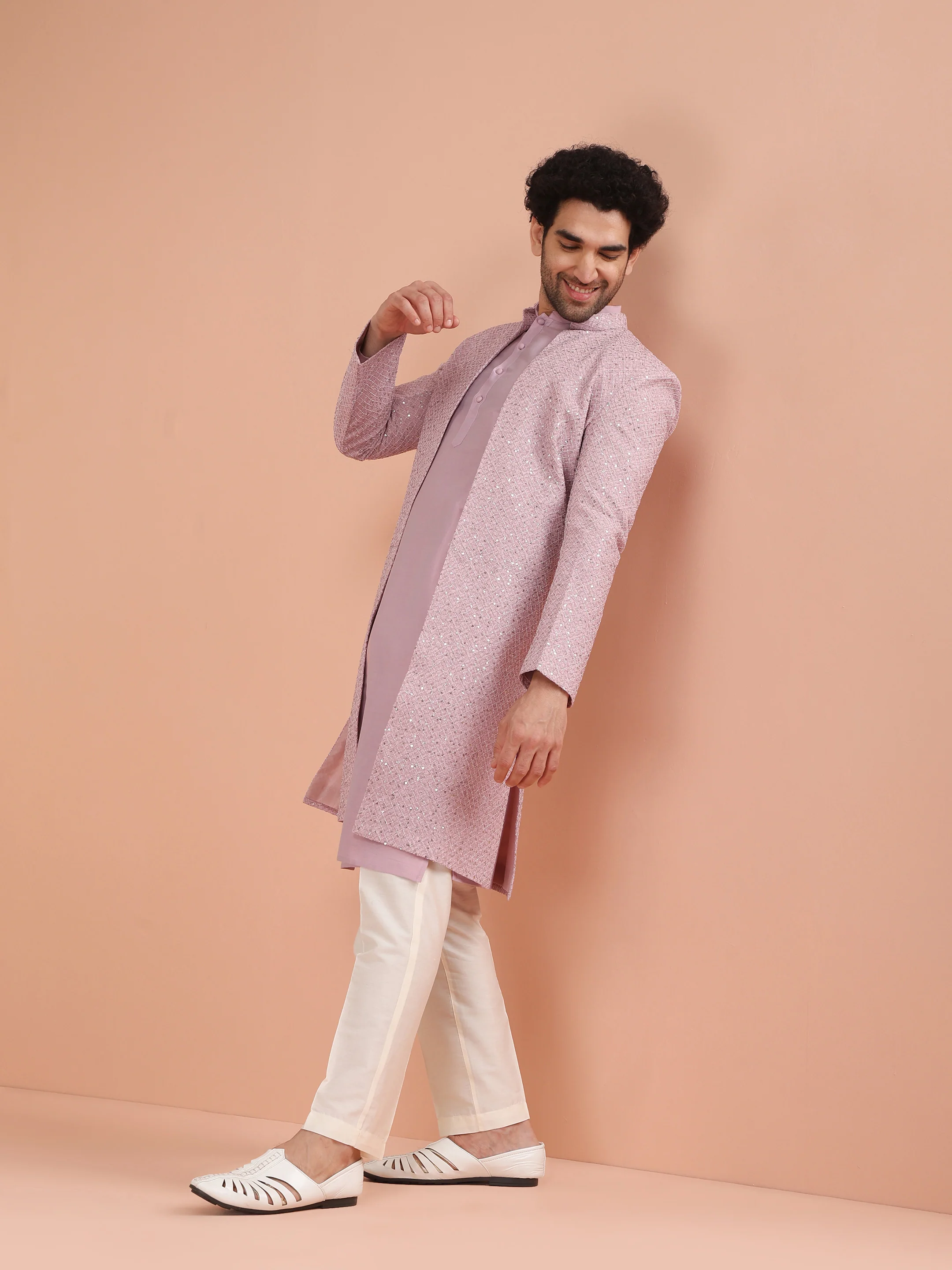 Men Pink Printed Kurta Indowestern Trouser Set with Abstract - Image 3