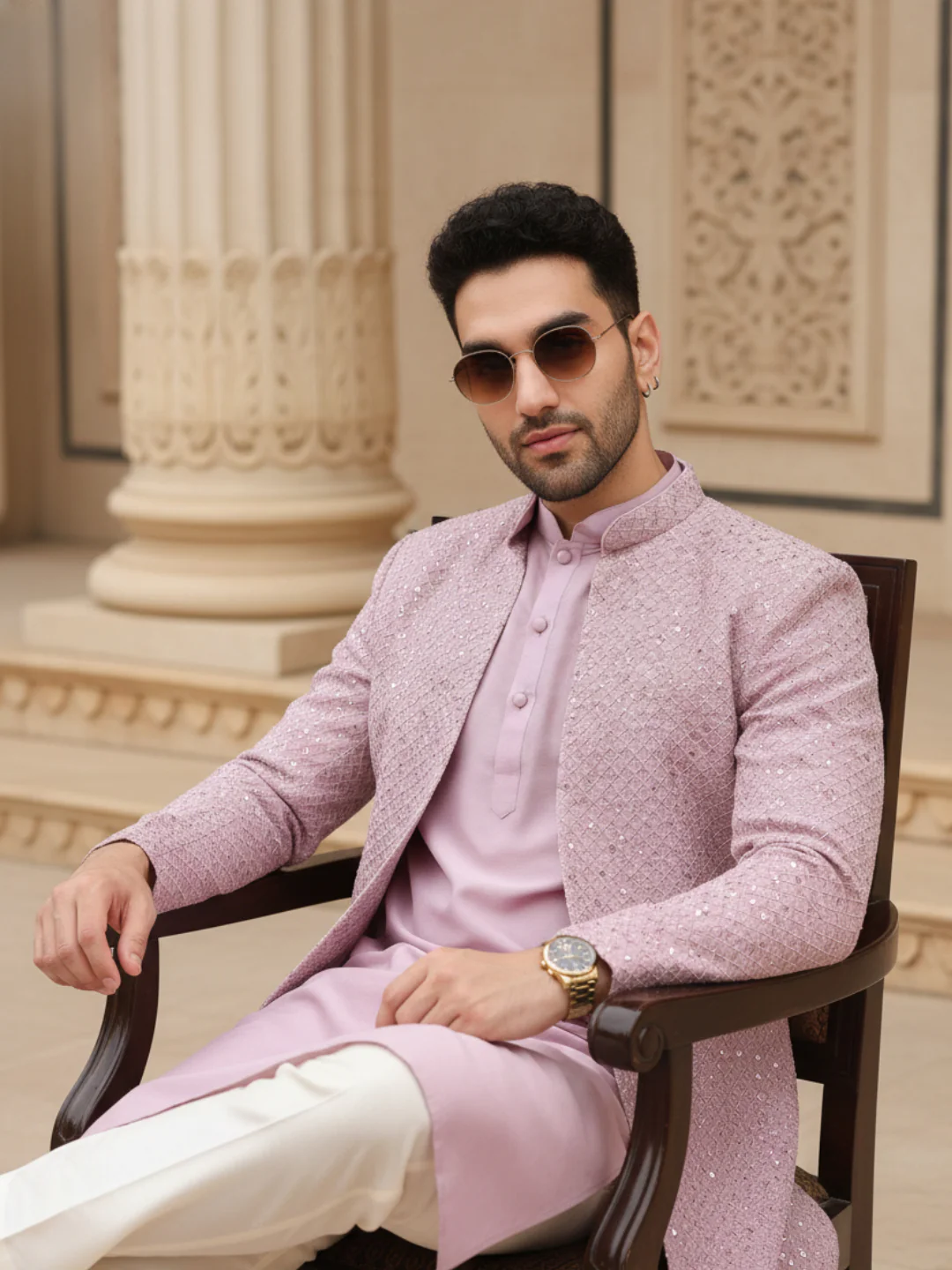 Men Pink Printed Kurta Indowestern Trouser Set with Abstract - Image 9