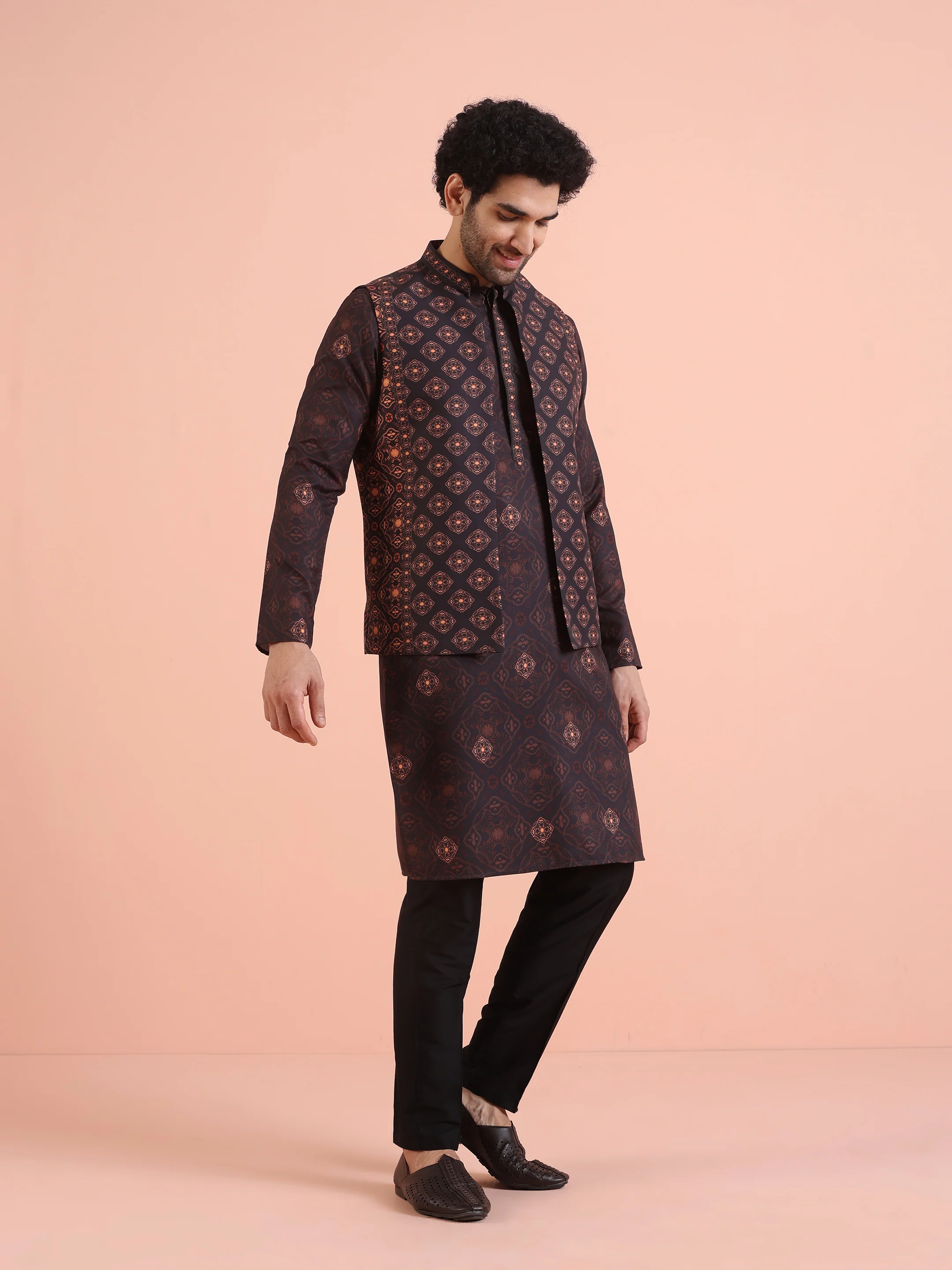 Black Printed Nehru Jacket Kurta Set - Image 2