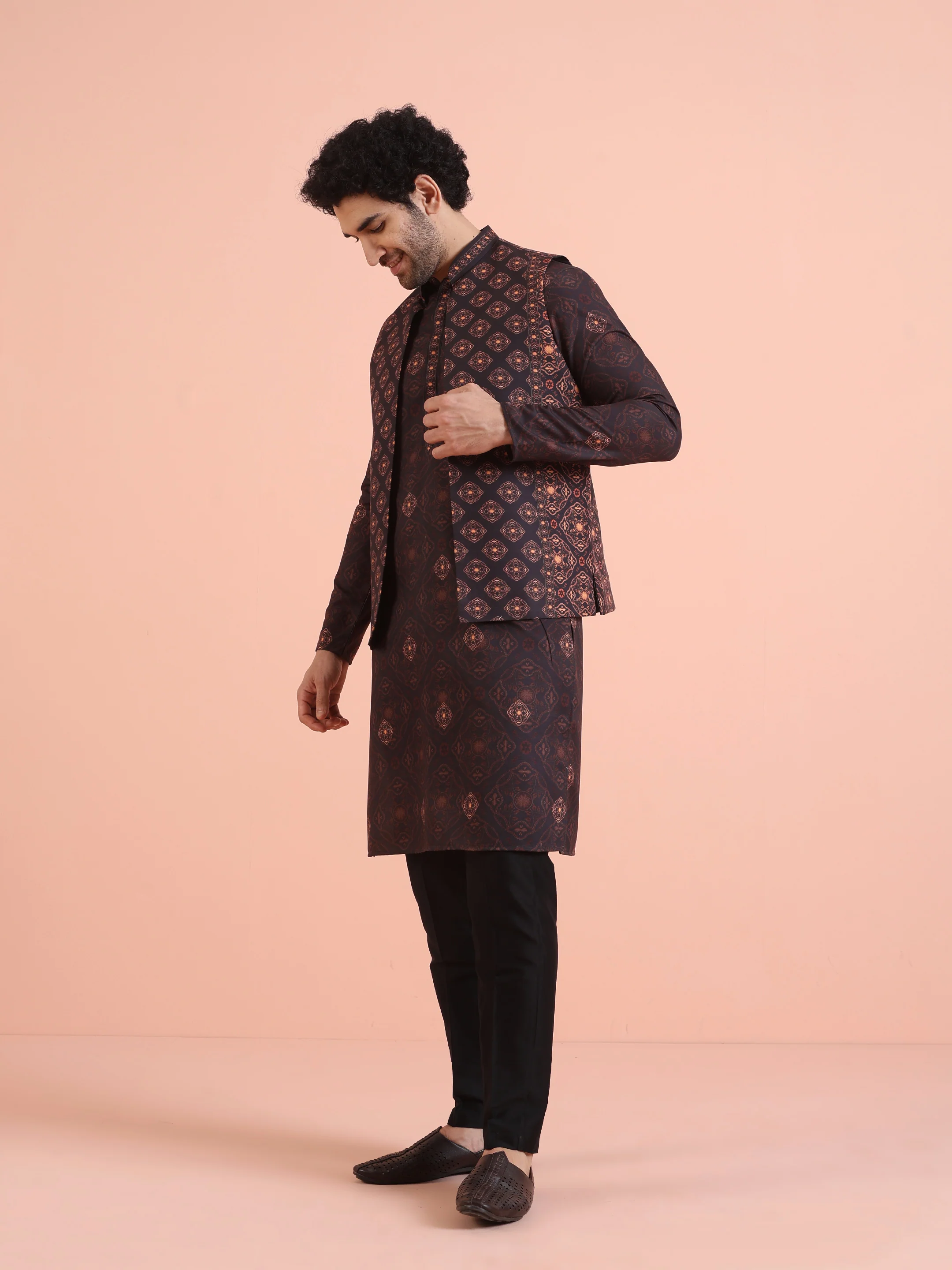 Black Printed Nehru Jacket Kurta Set - Image 3