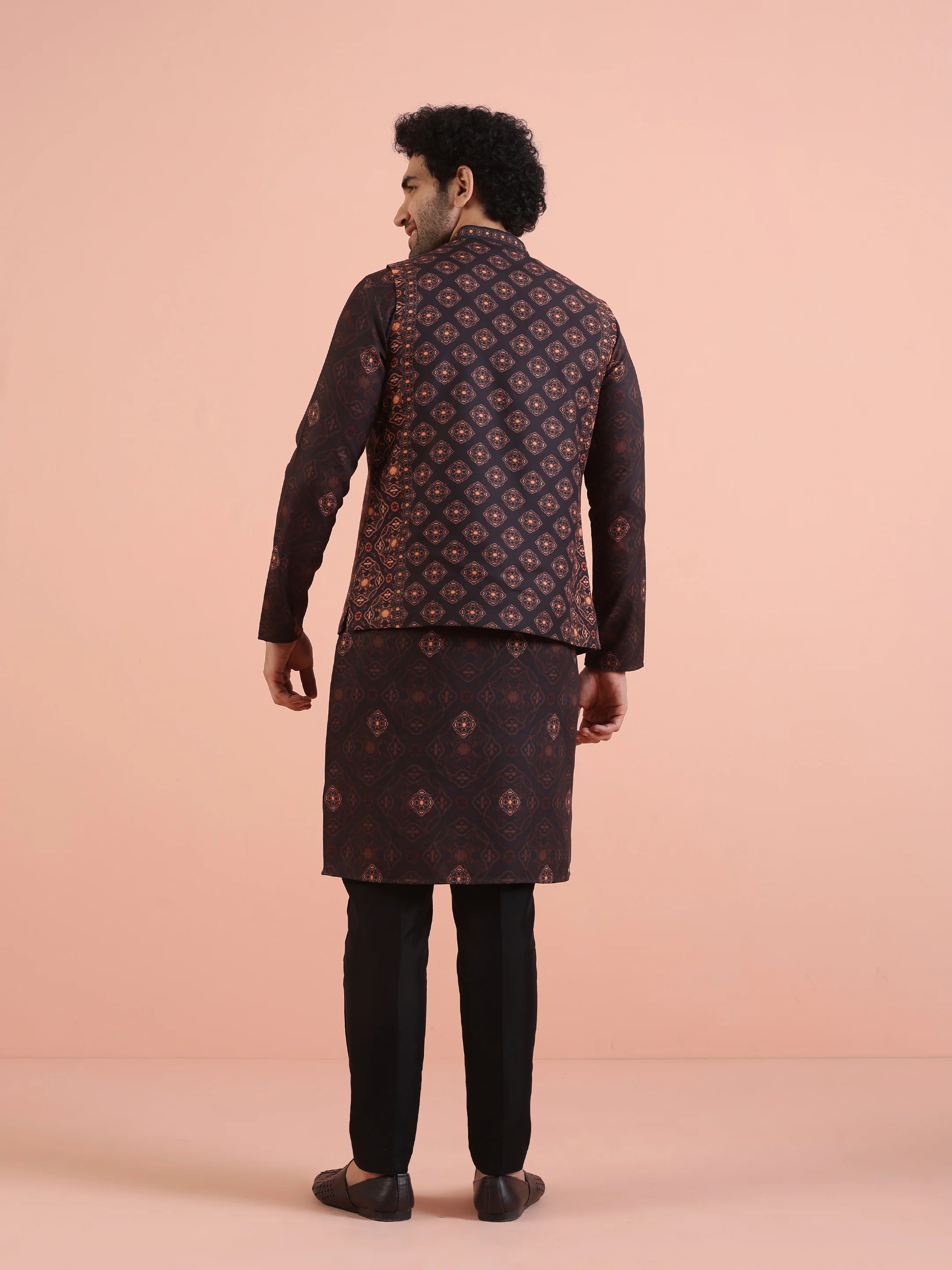 Black Printed Nehru Jacket Kurta Set - Image 4