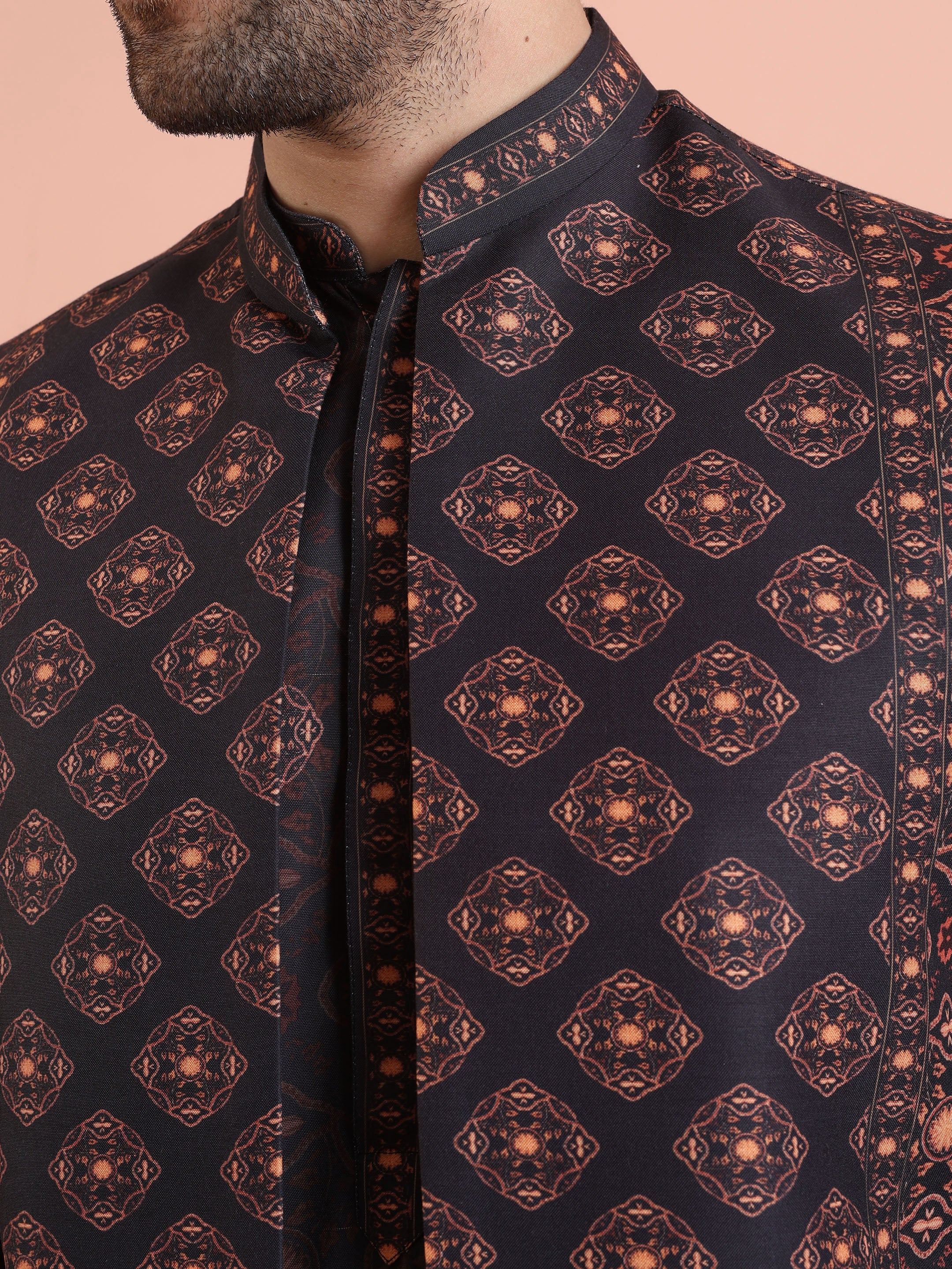 Black Printed Nehru Jacket Kurta Set - Image 5