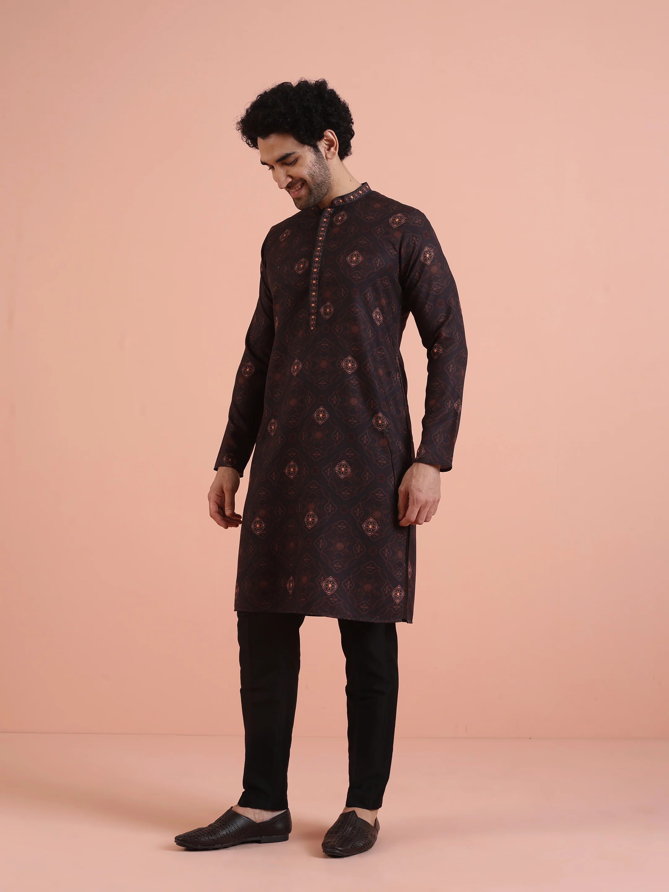Men Black Printed Geometric Kurta Trouser Set - Image 3