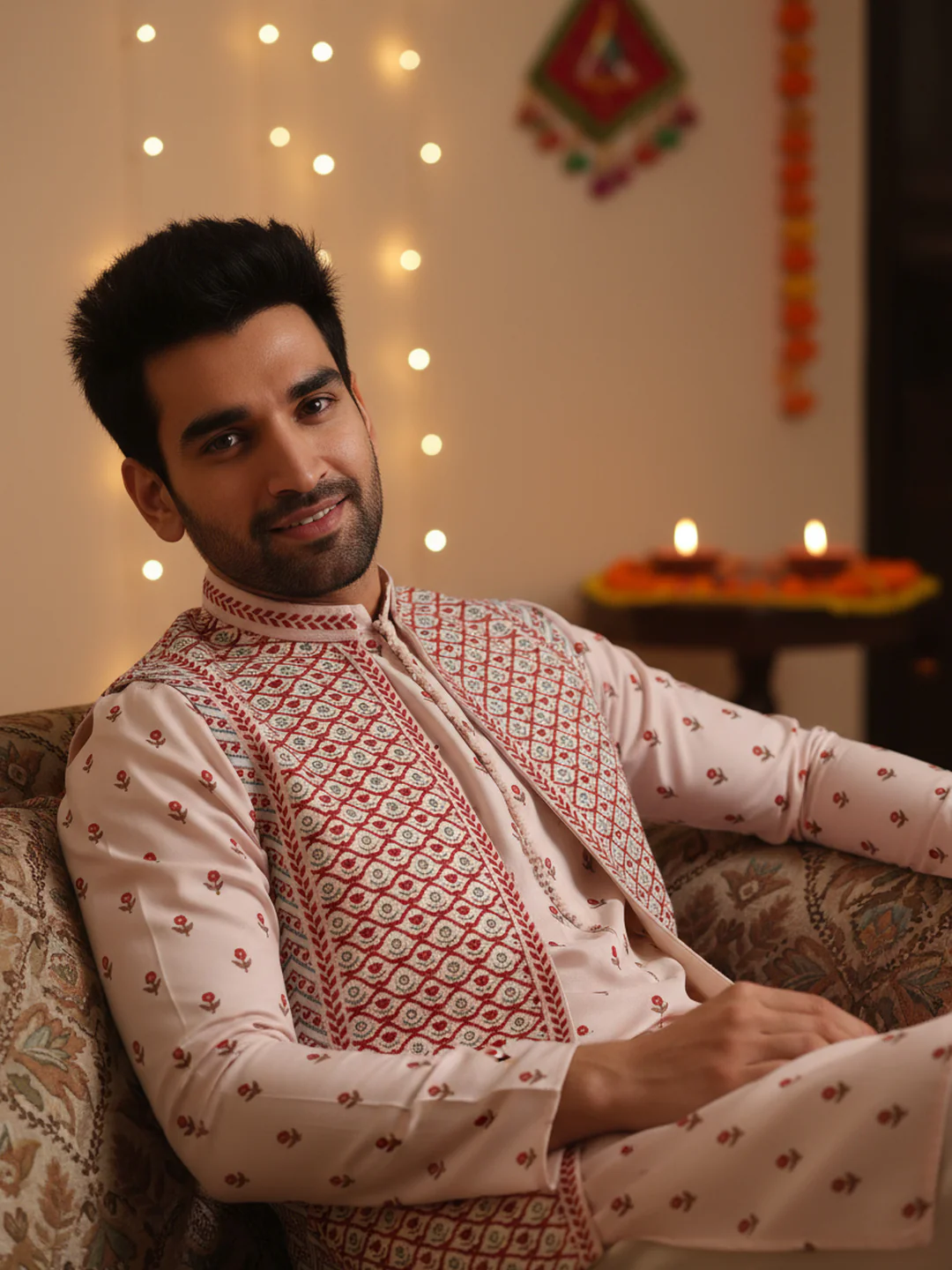 Cream Red Printed Nehru Jacket Kurta Set - Image 2