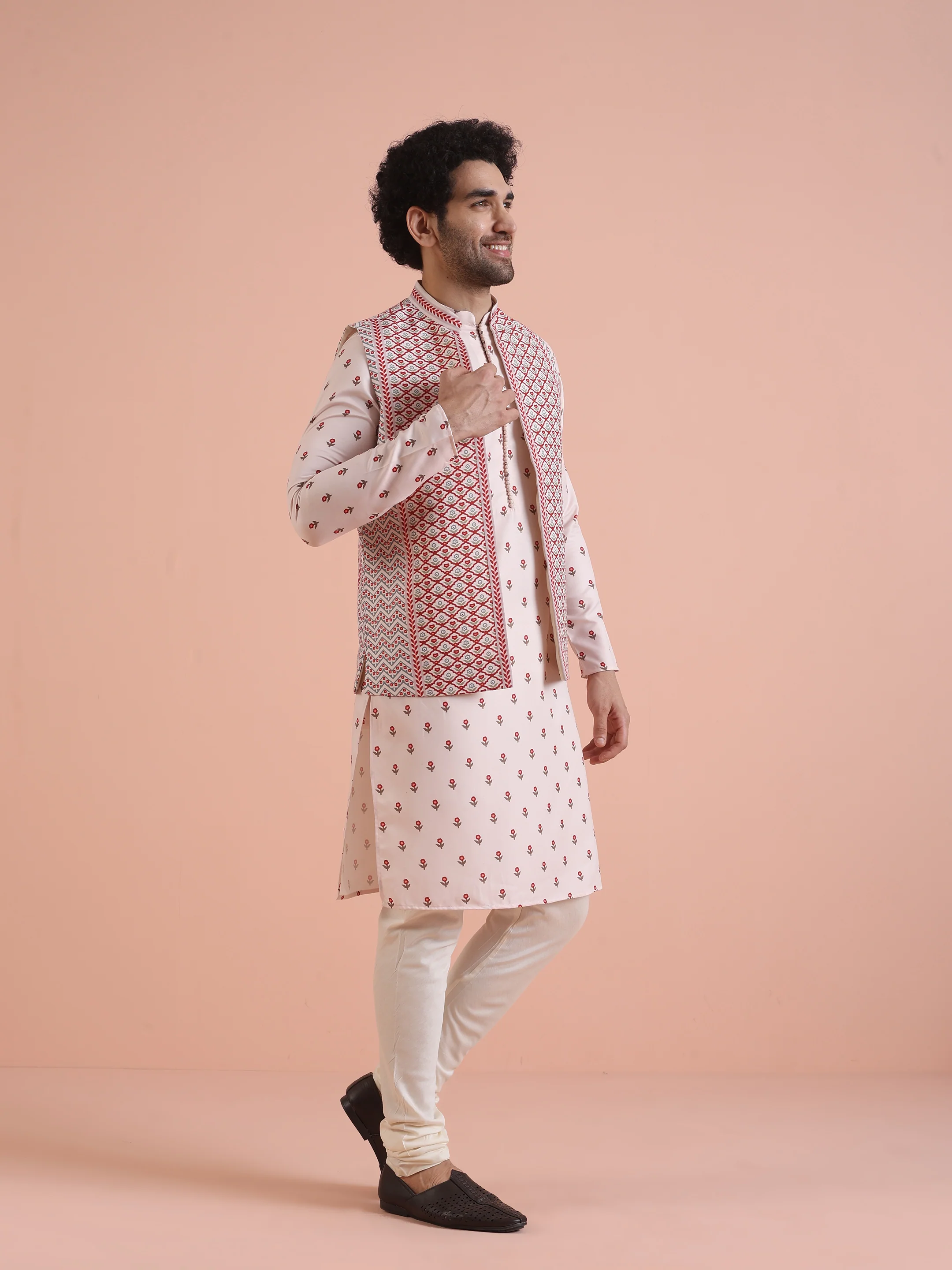 Cream Red Printed Nehru Jacket Kurta Set - Image 3