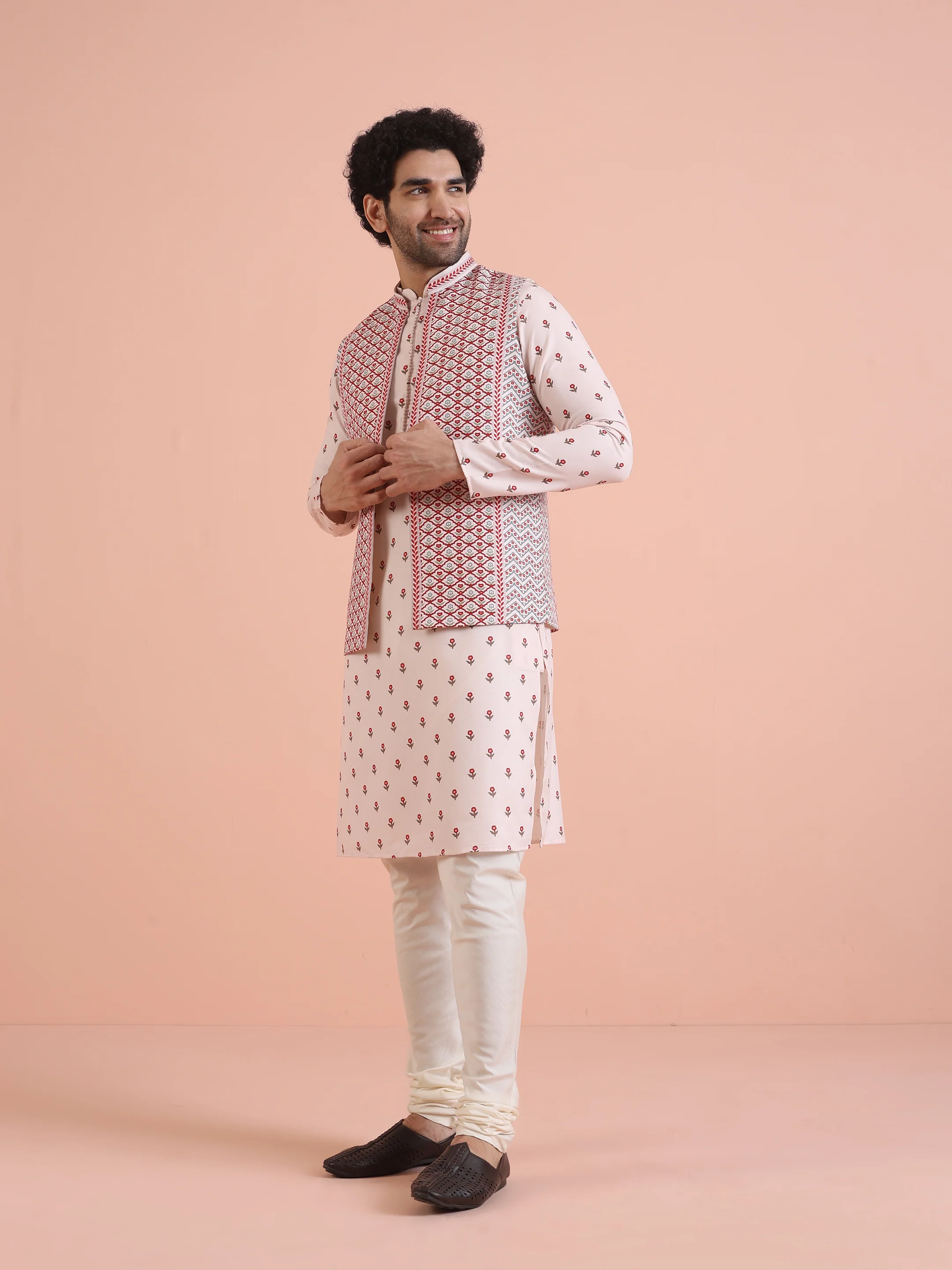 Cream Red Printed Nehru Jacket Kurta Set - Image 4