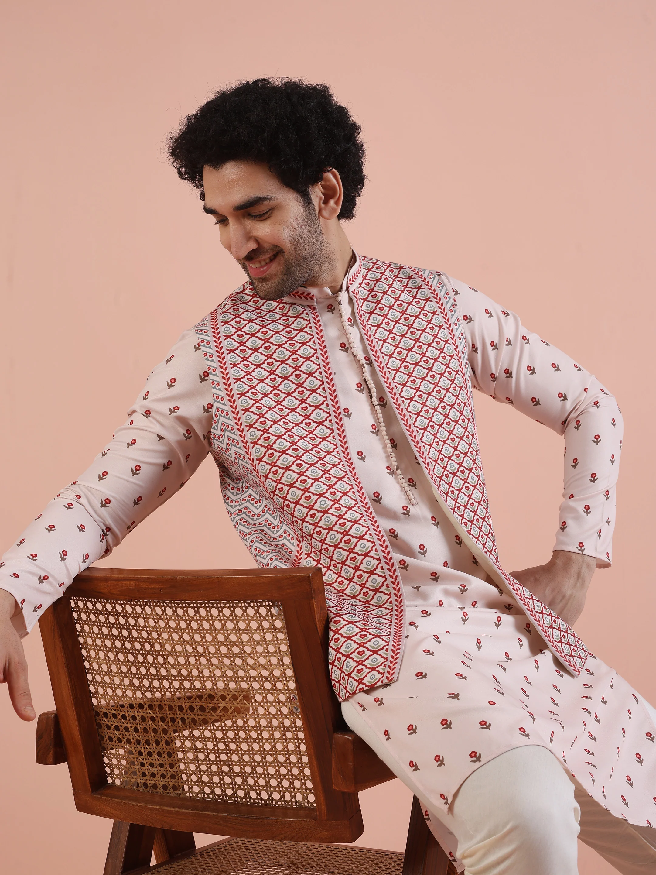 Cream Red Printed Nehru Jacket Kurta Set - Image 7