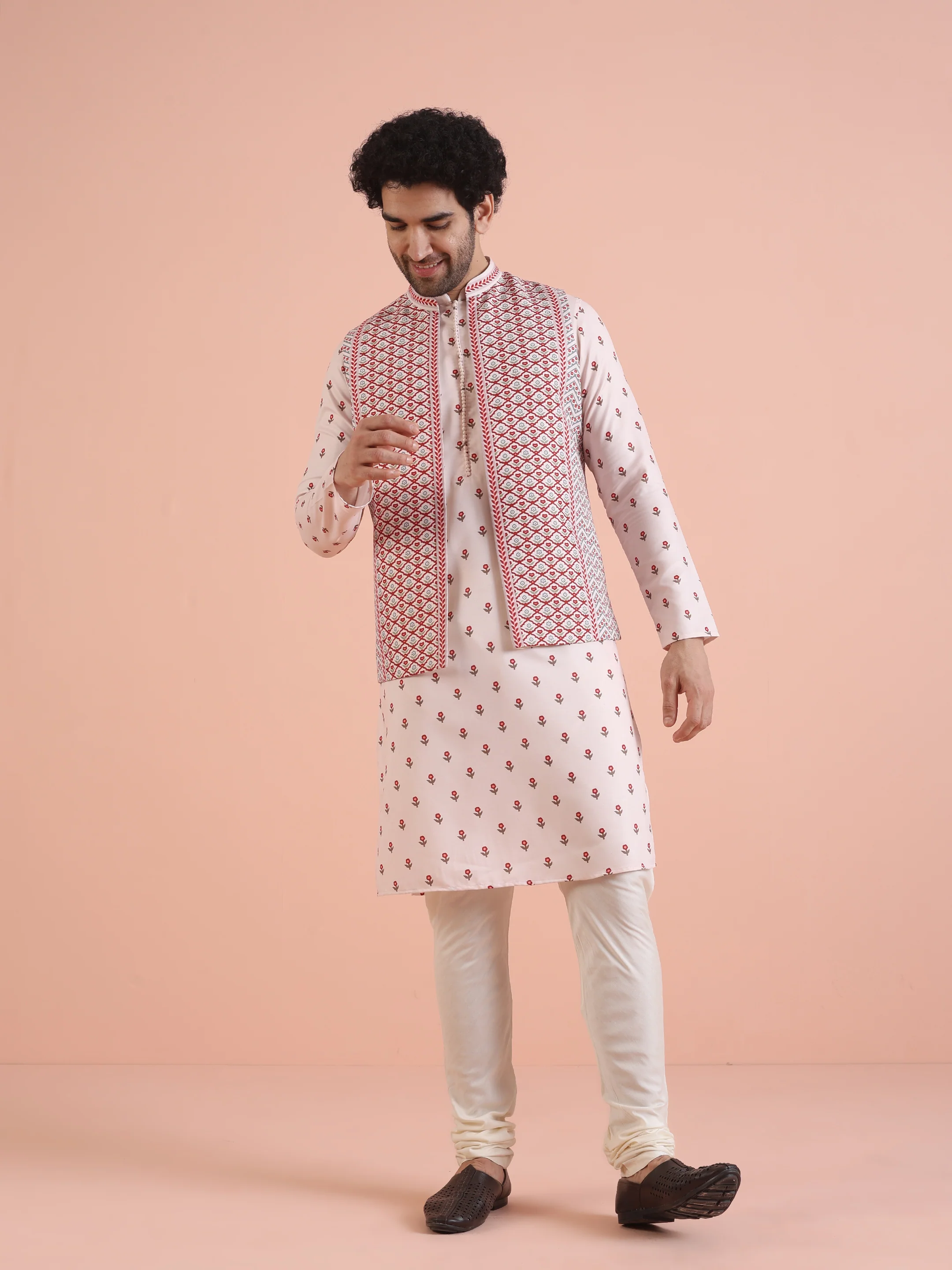 Cream Red Printed Nehru Jacket Kurta Set - Image 9
