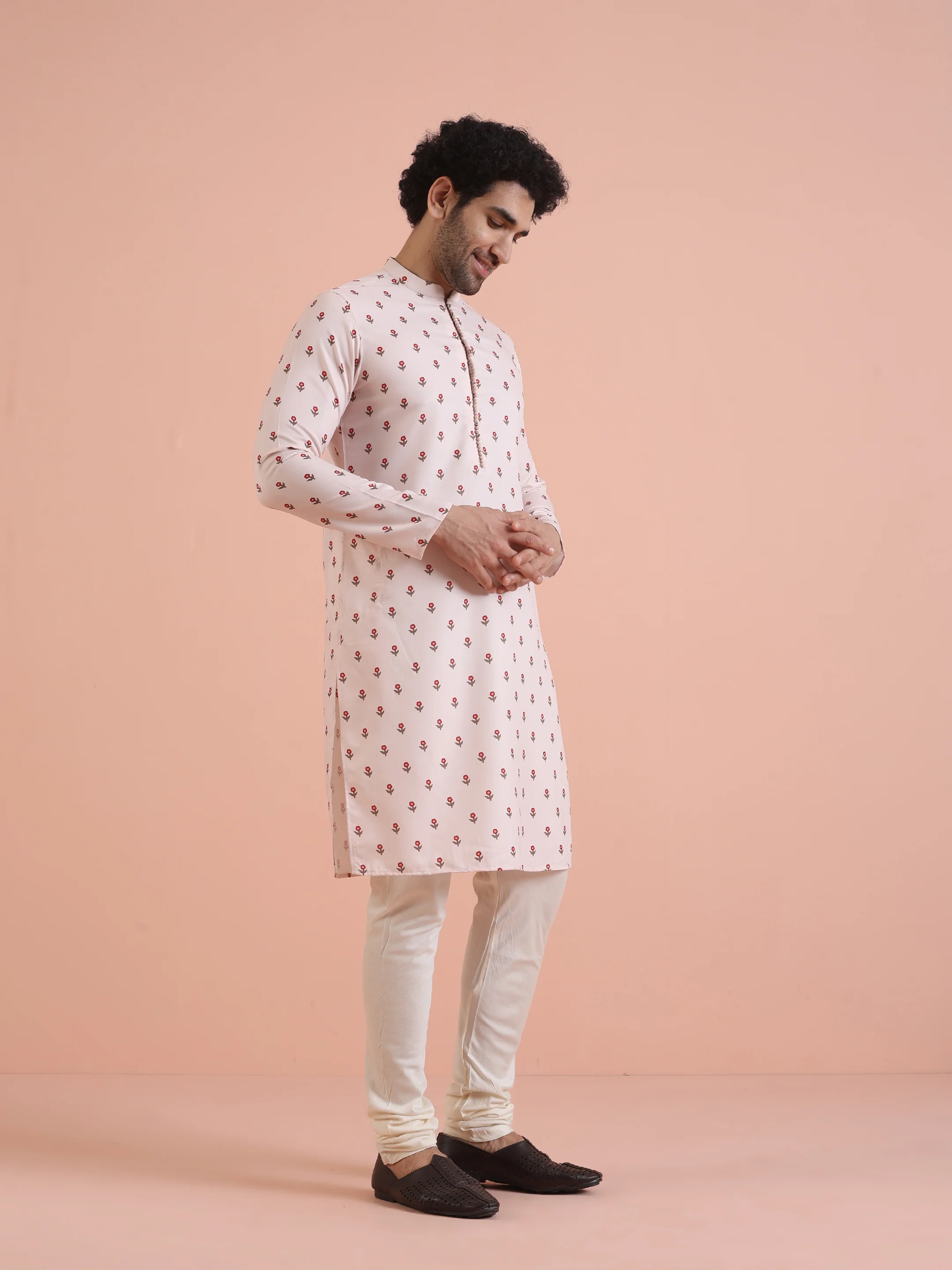 Men White Printed Floral Kurta Churidar Set - Image 2