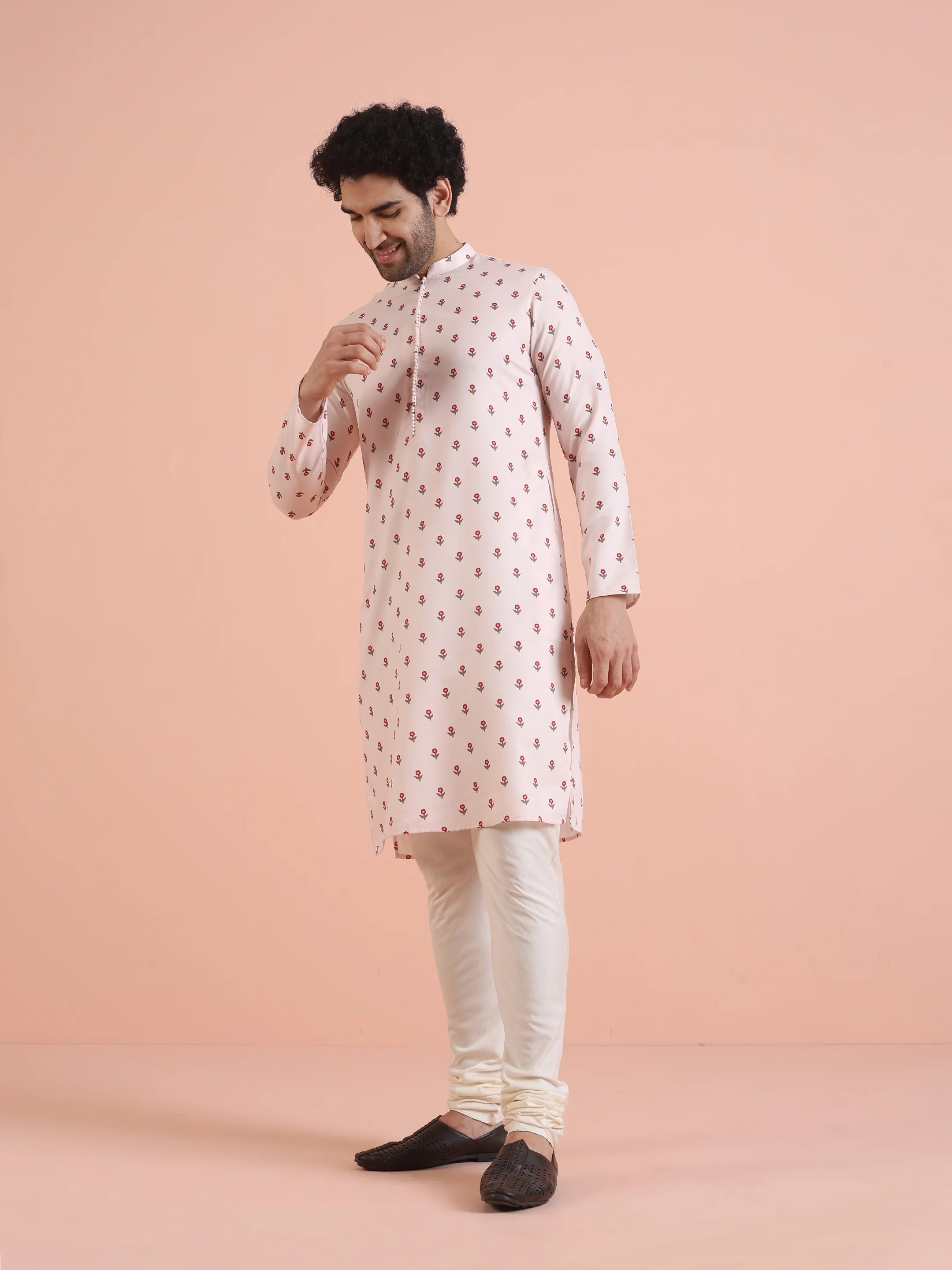 Men White Printed Floral Kurta Churidar Set - Image 3