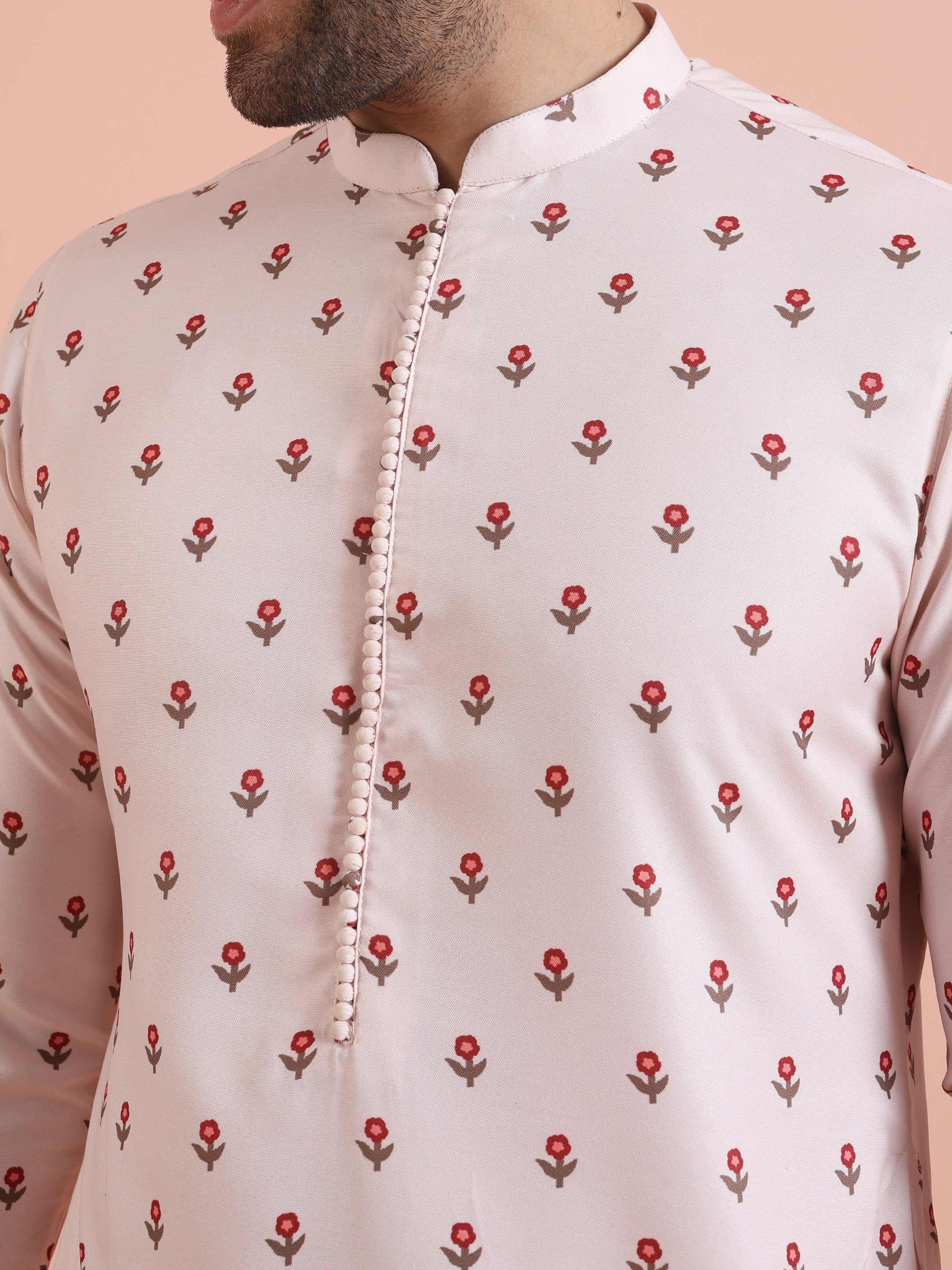 Men White Printed Floral Kurta Churidar Set - Image 5