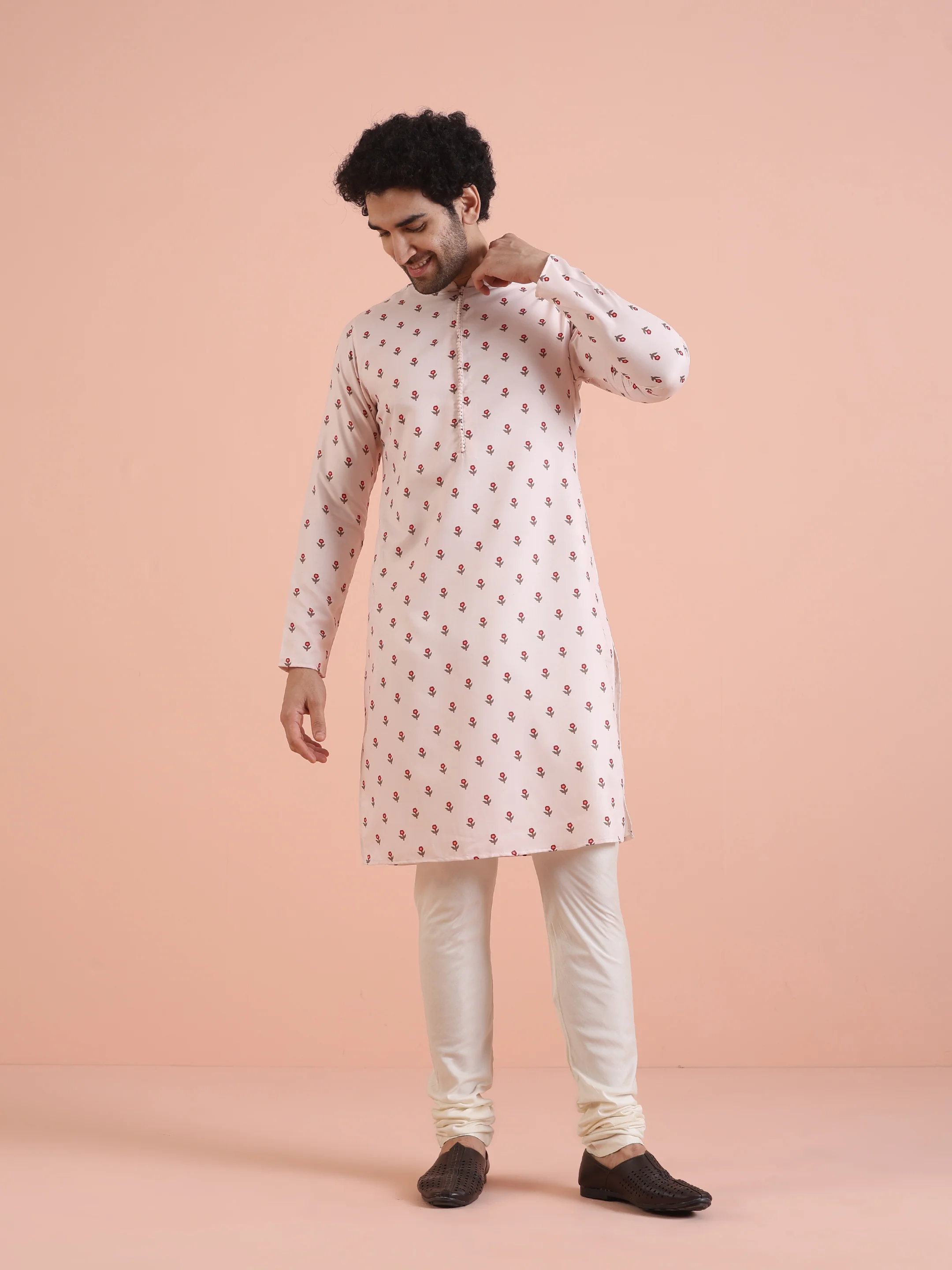 Men White Printed Floral Kurta Churidar Set - Image 7
