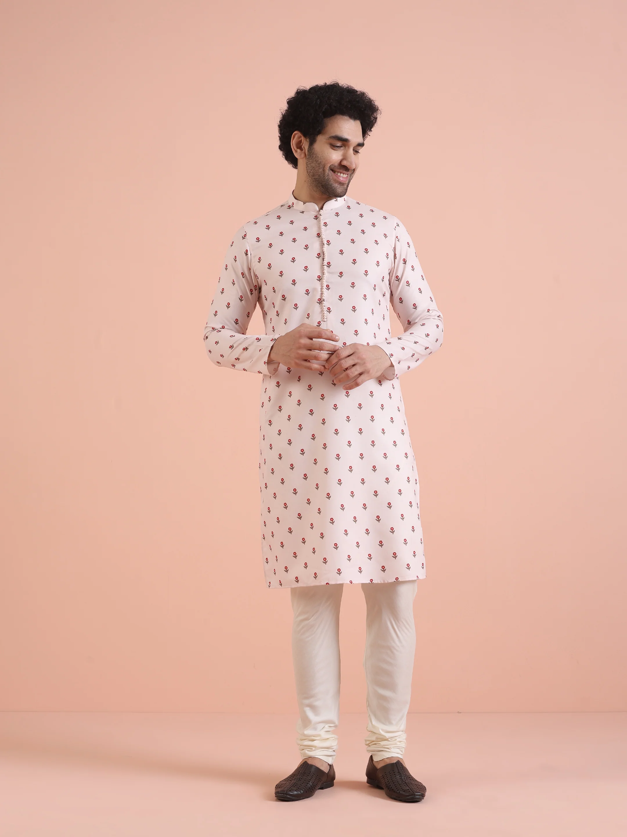 Men White Printed Floral Kurta - Image 6