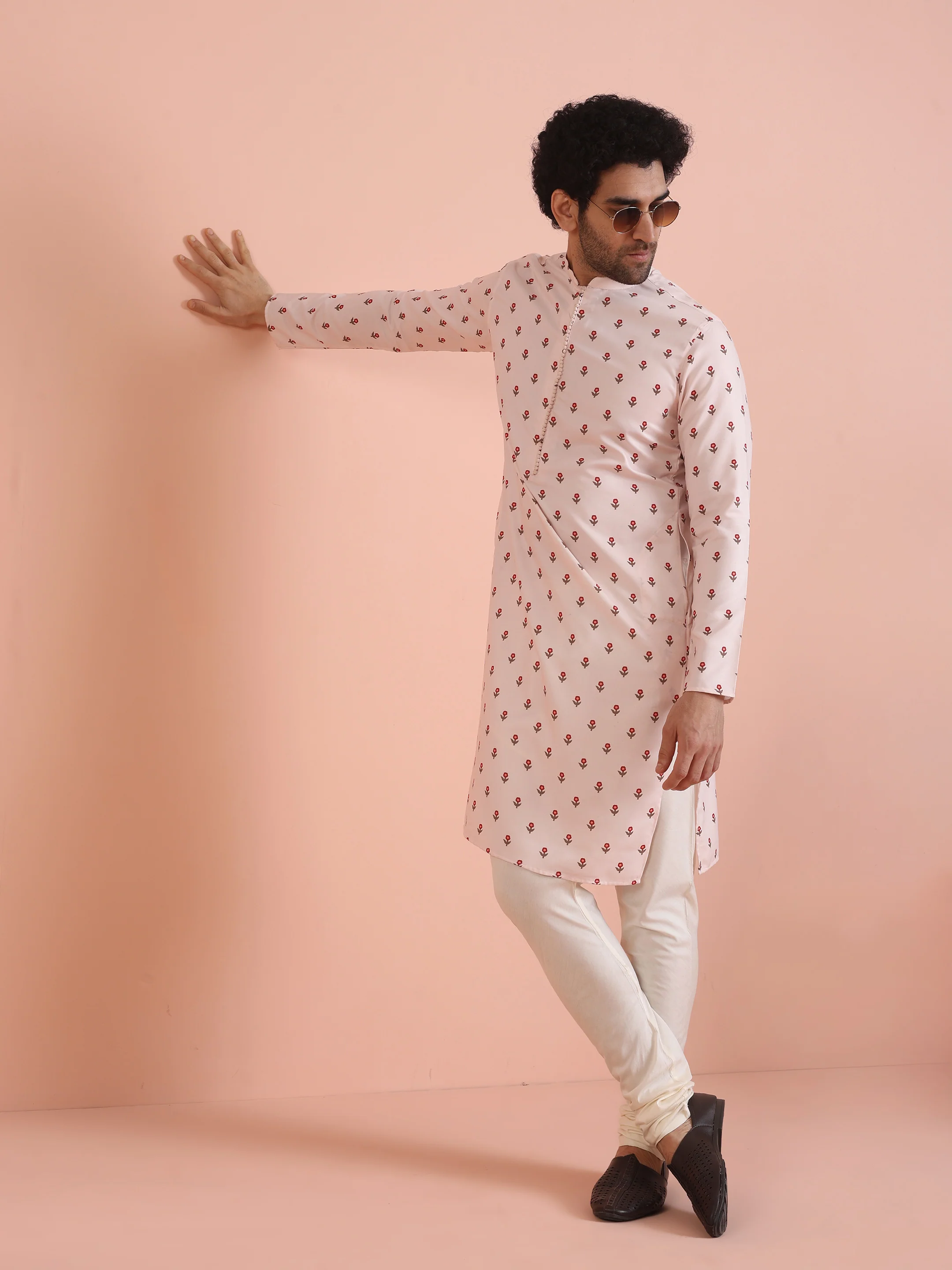 Men White Printed Floral Kurta - Image 7