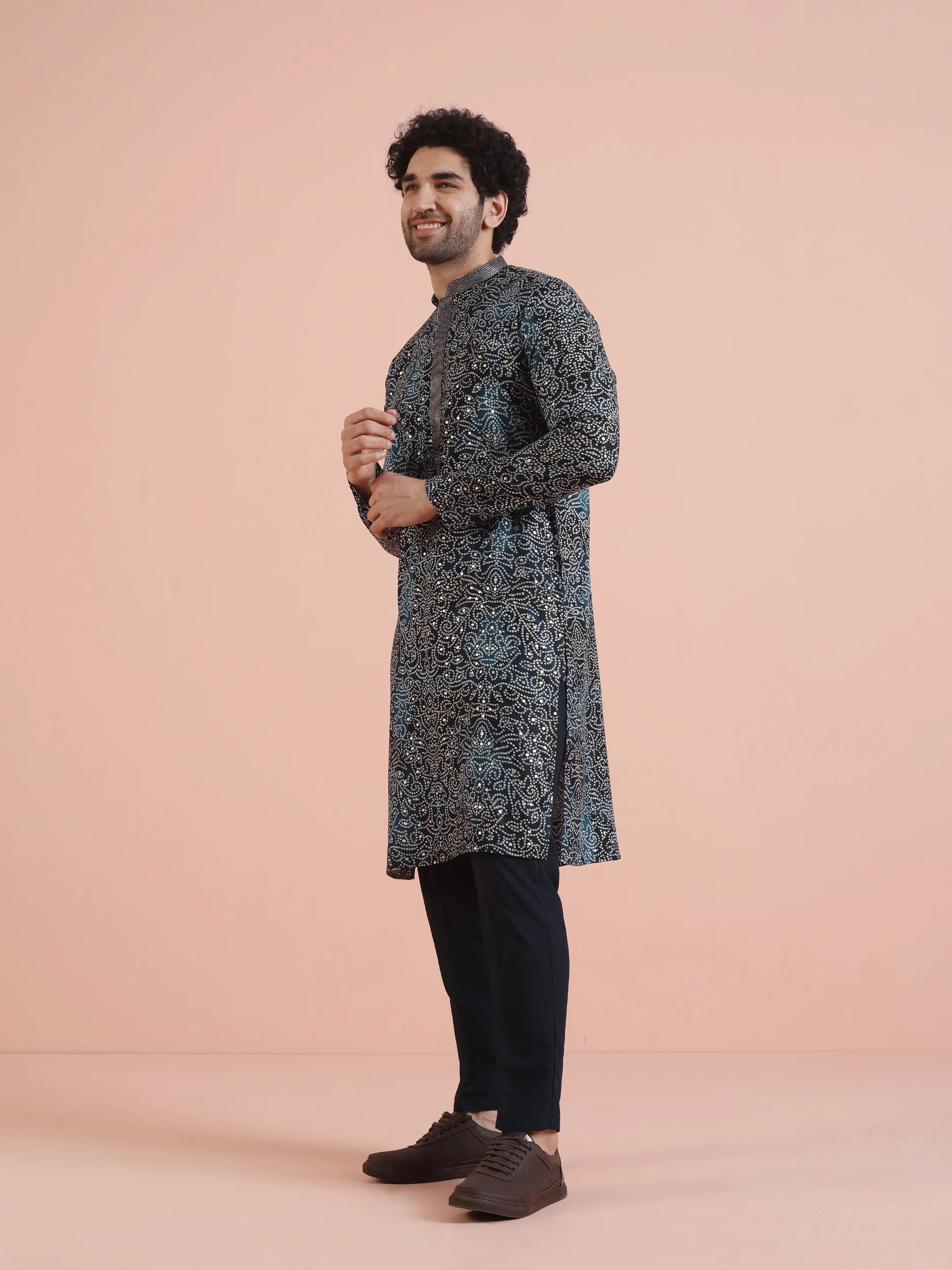 Black Printed Motif Silk Blend Kurta - Image 3
