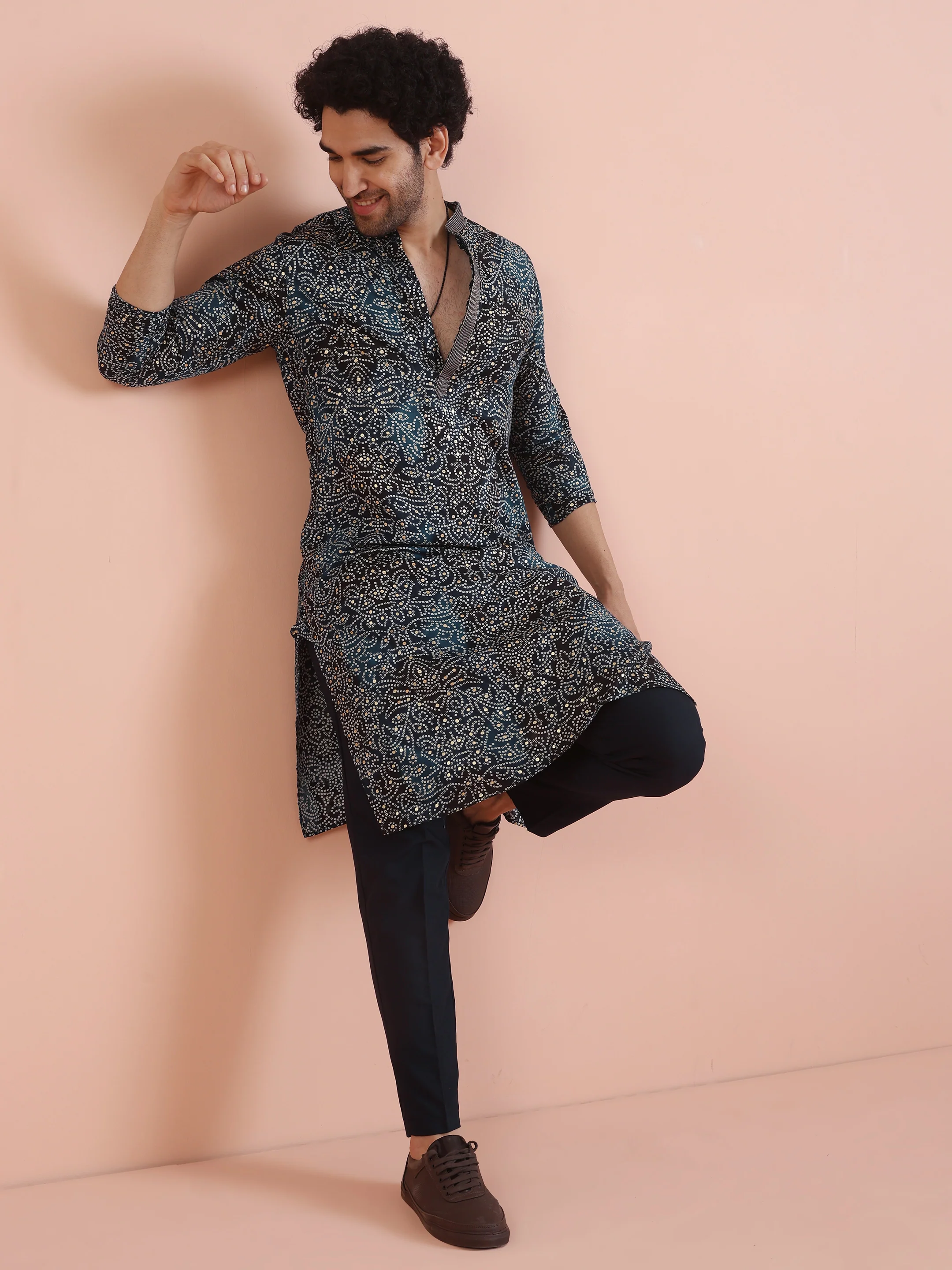Black Printed Motif Silk Blend Kurta - Image 6