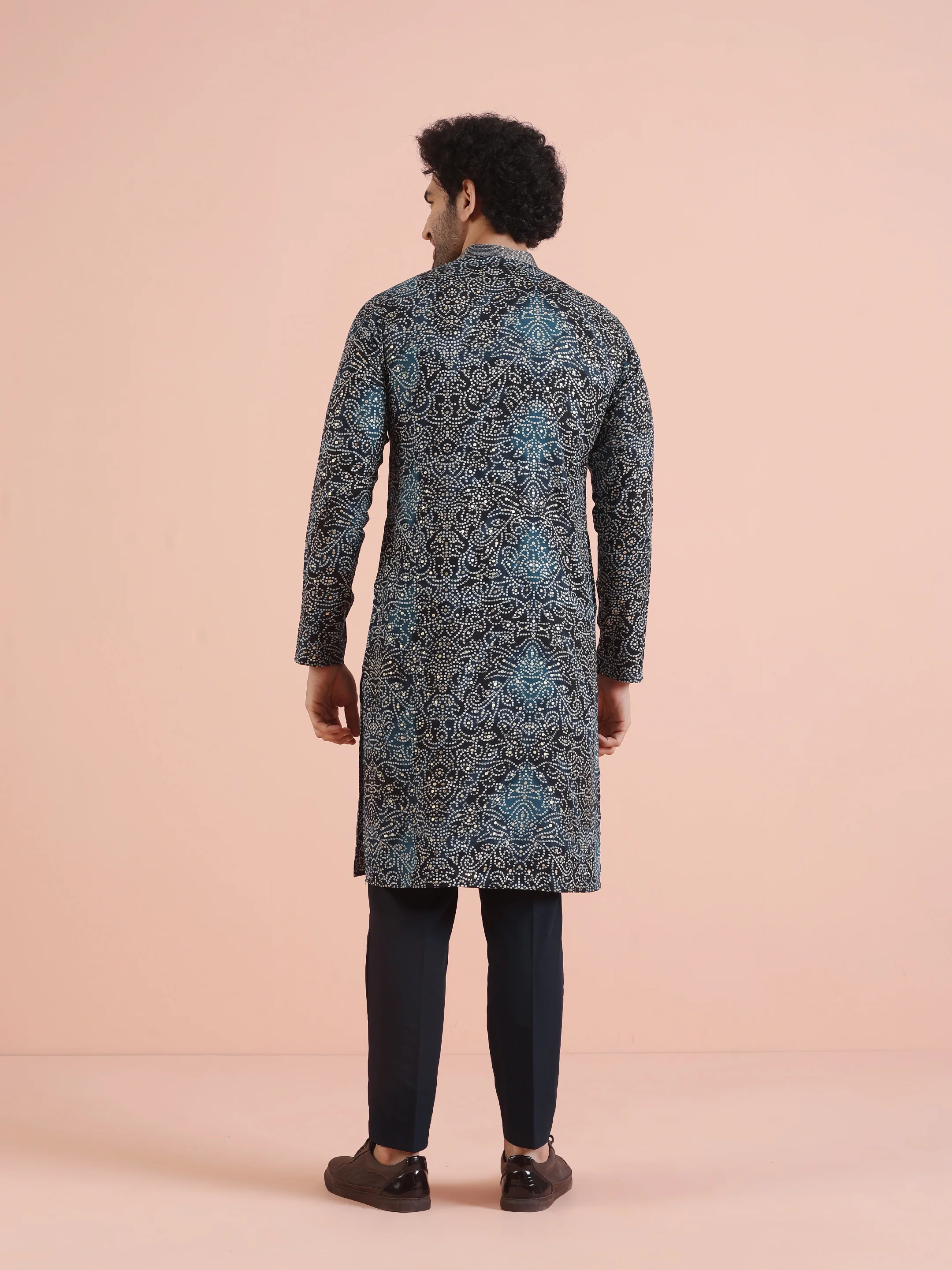 Navy Printed Sequin Kurta Trouser Set - Image 4