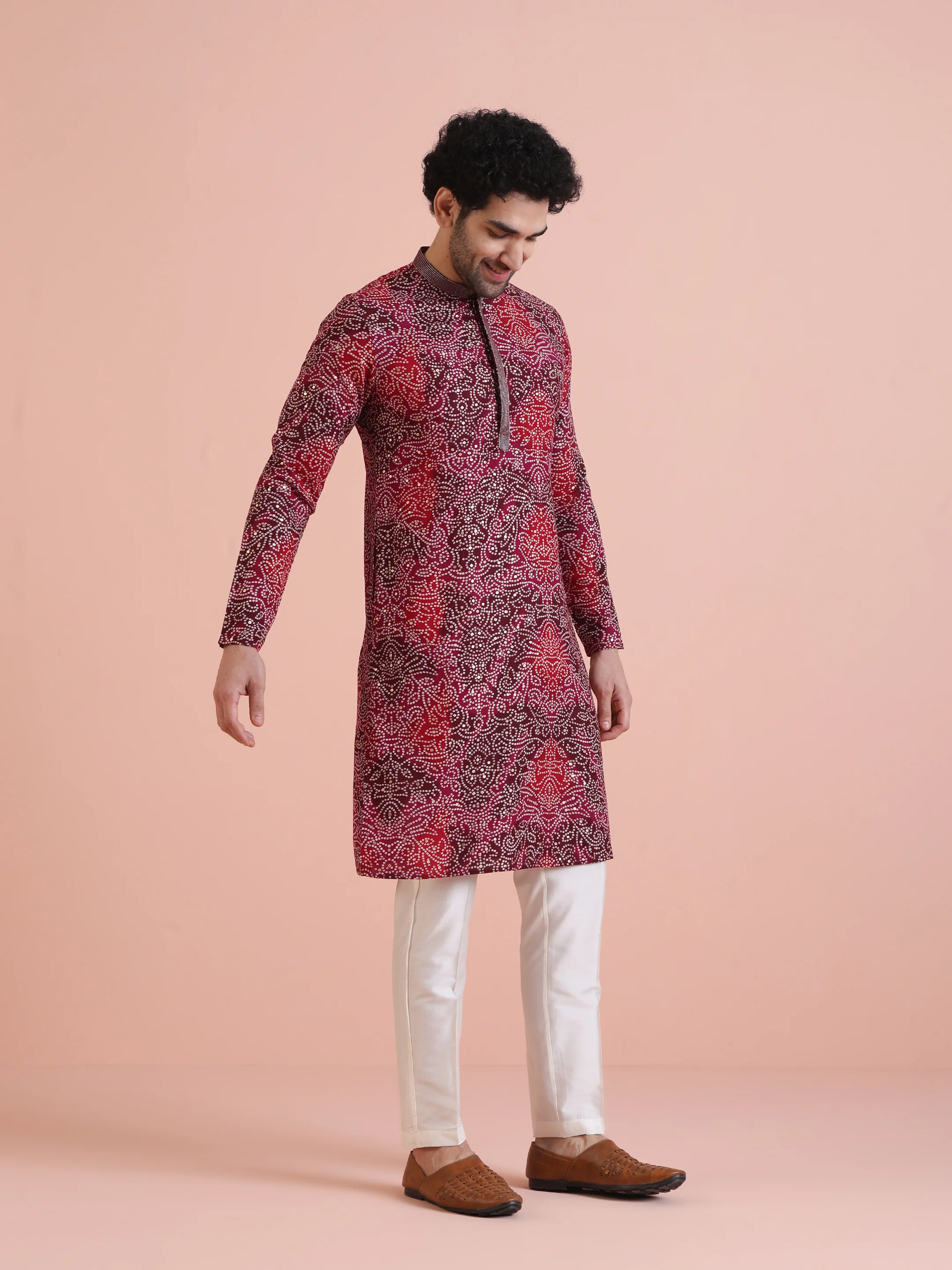 Red Cotton Silk Printed Kurta - Image 2