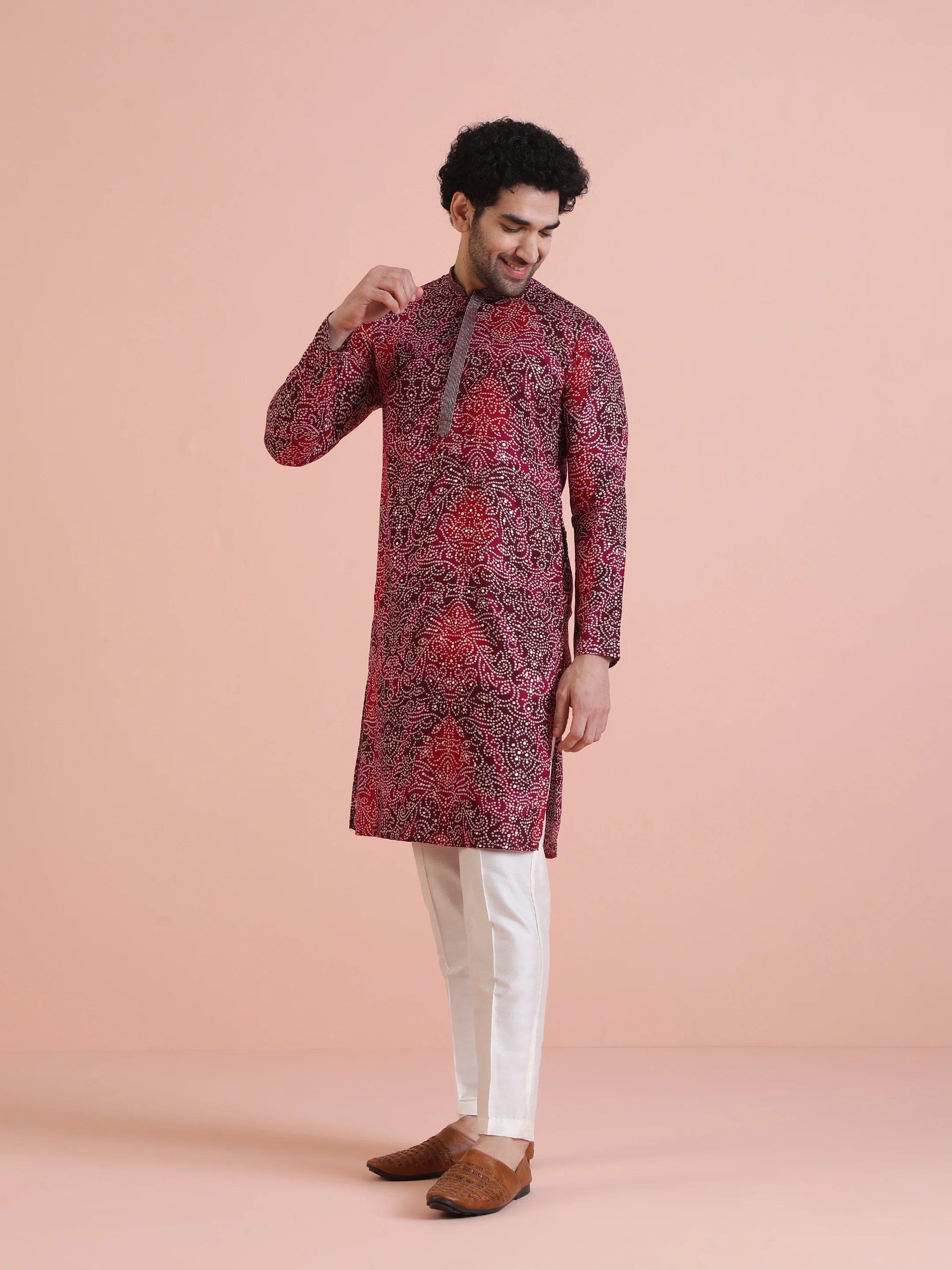 Red Cotton Silk Printed Kurta - Image 3