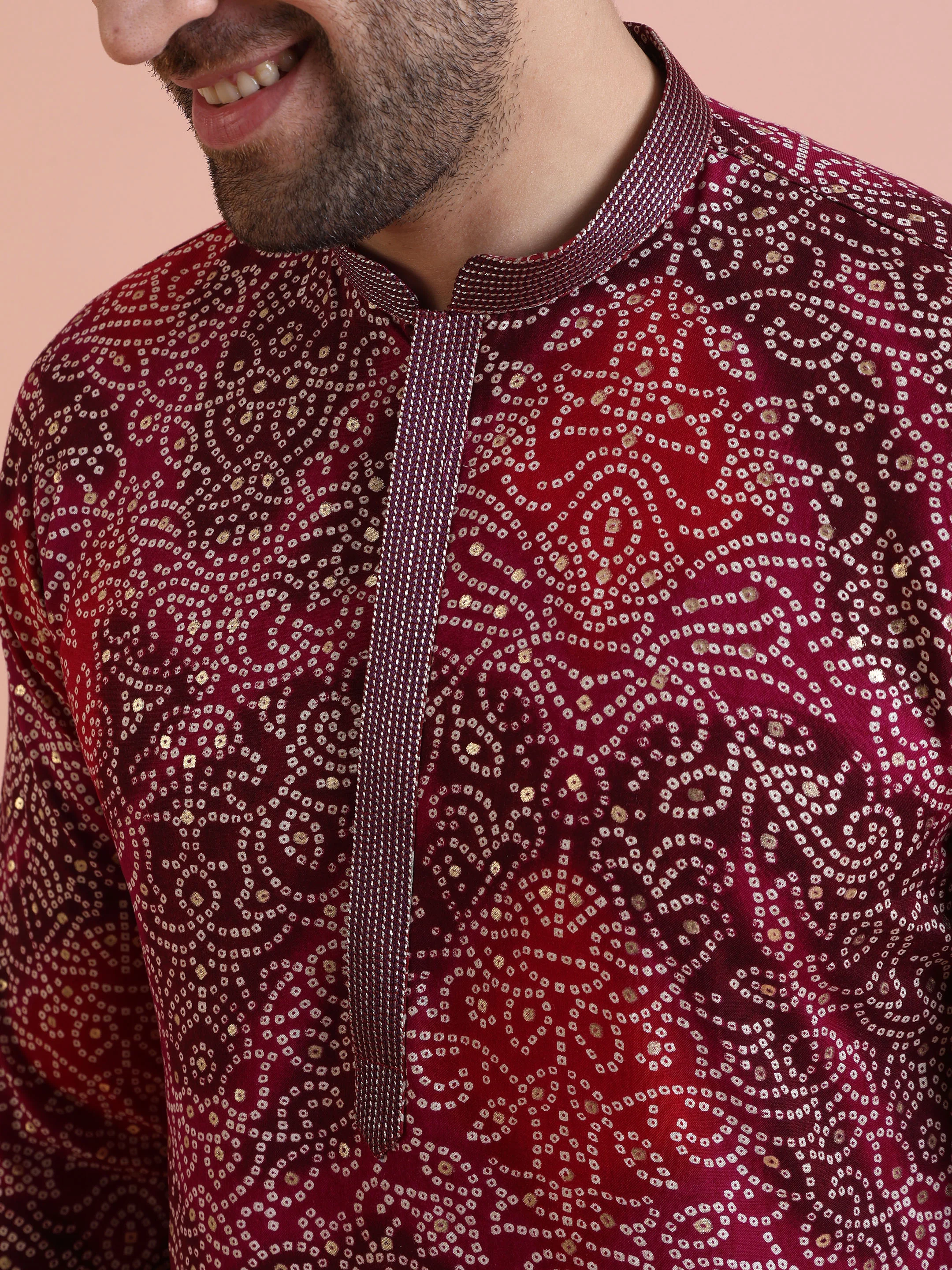 Red Cotton Silk Printed Kurta - Image 5