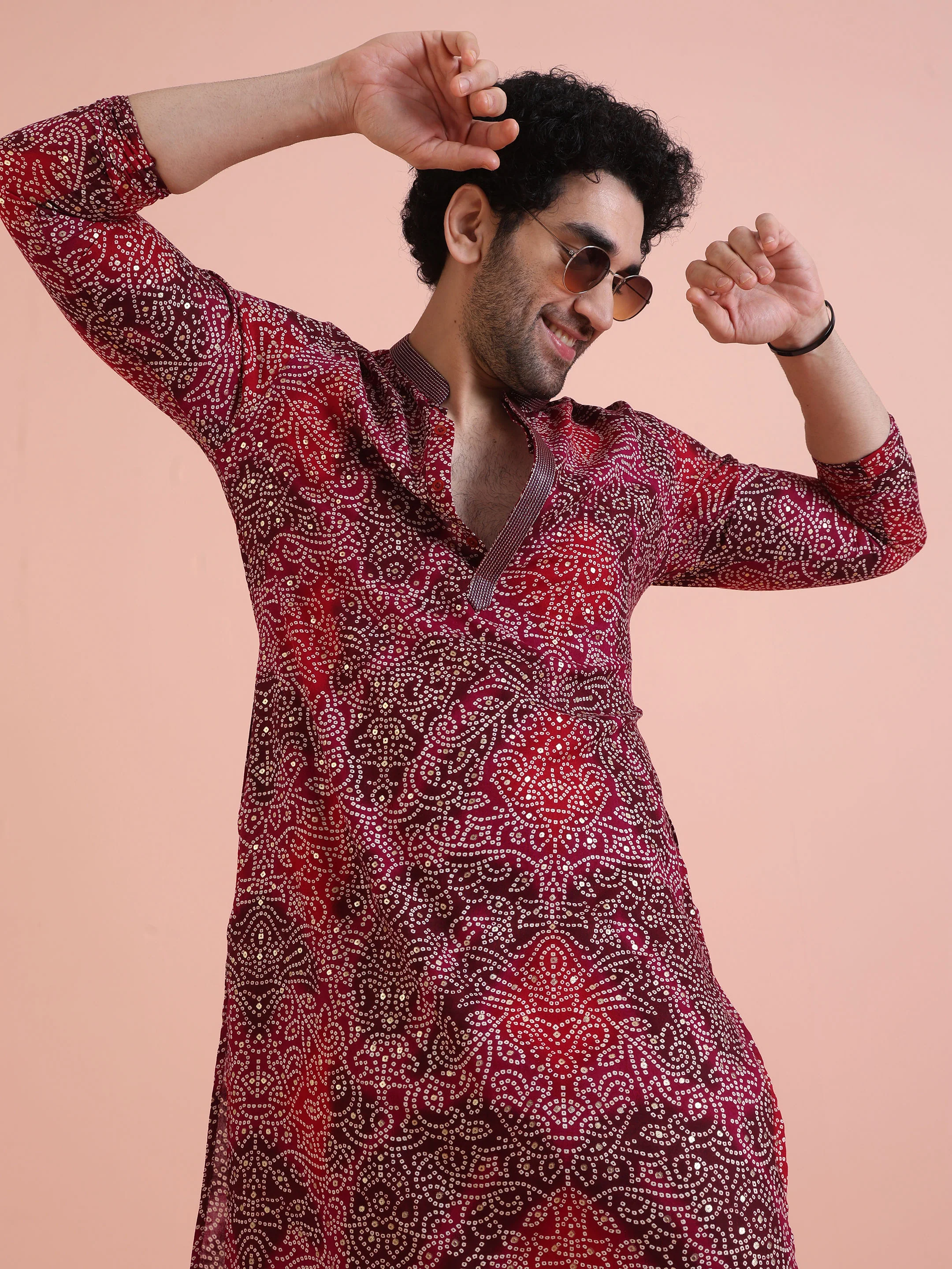 Red Silk Blend Printed Kurta White Trouser - Image 7