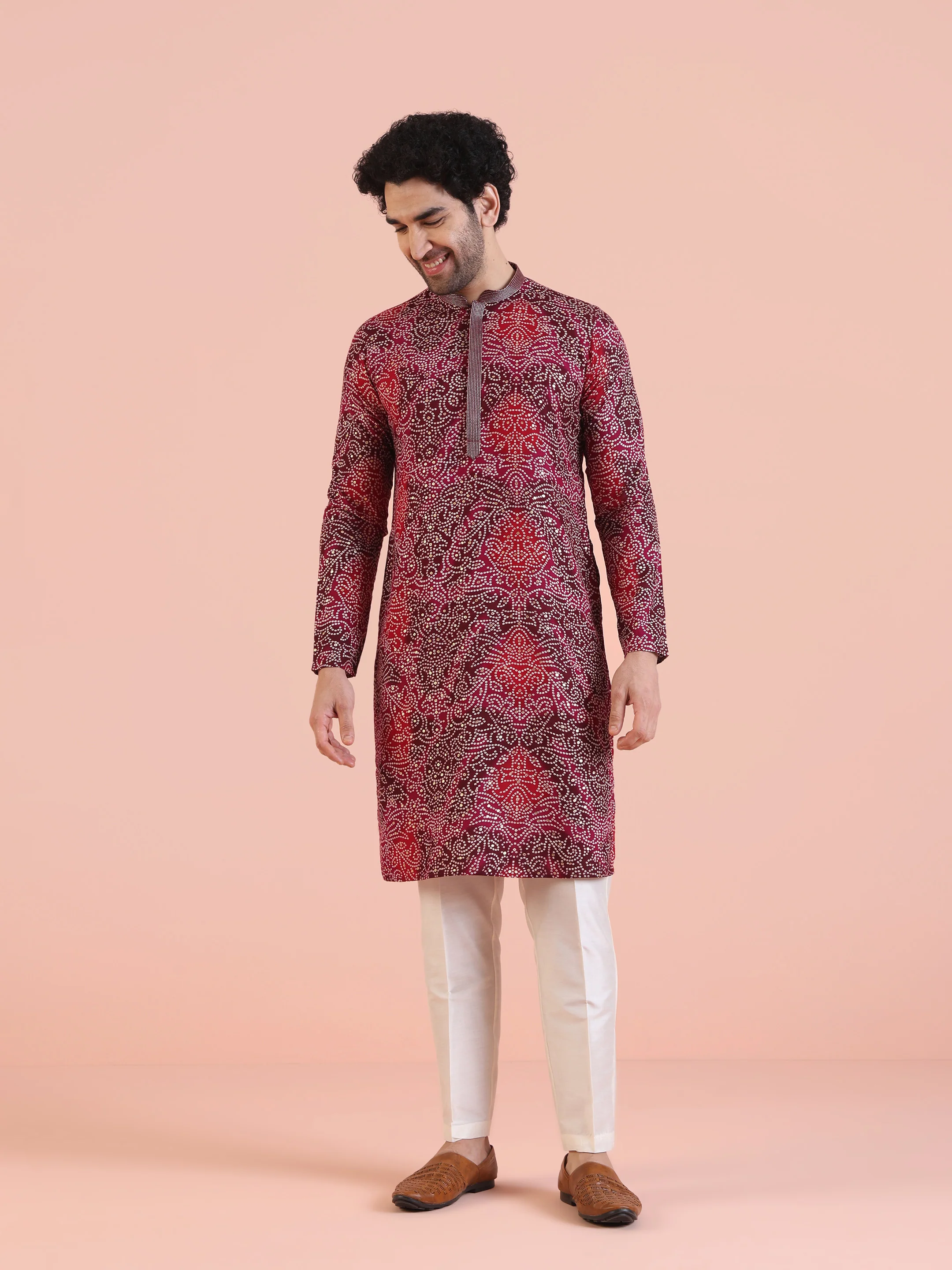 Red Silk Blend Printed Kurta White Trouser - Image 8