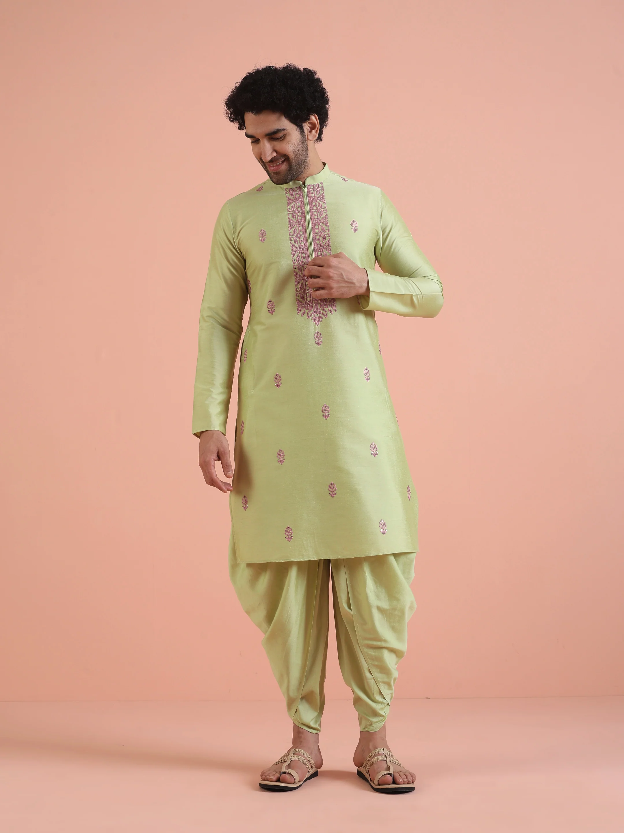 Men Green Embroidered Ethnic Motifs Kurta Dhoti Set - Image 8