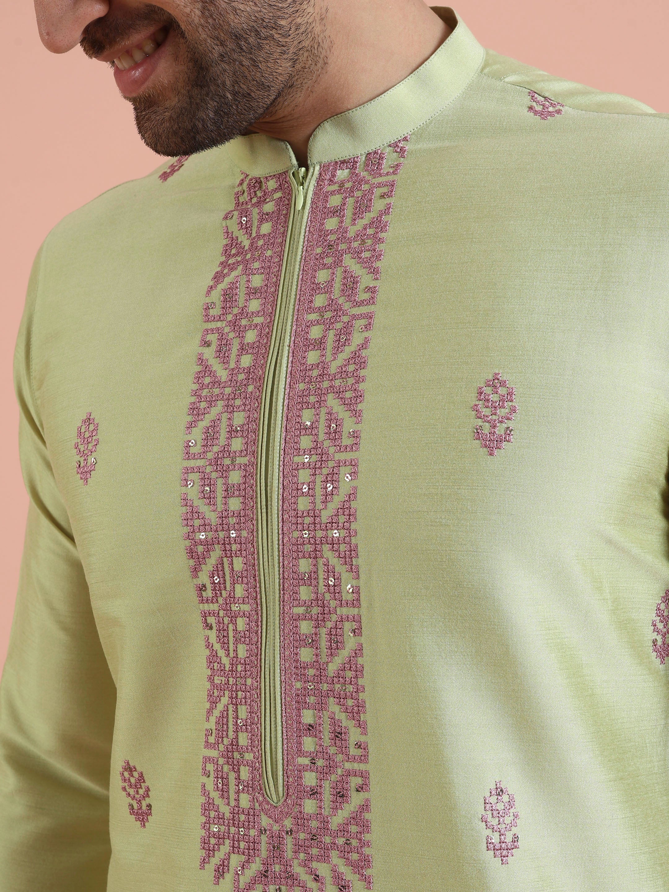 Men Green Embroidered Ethnic Motifs Kurta - Image 5