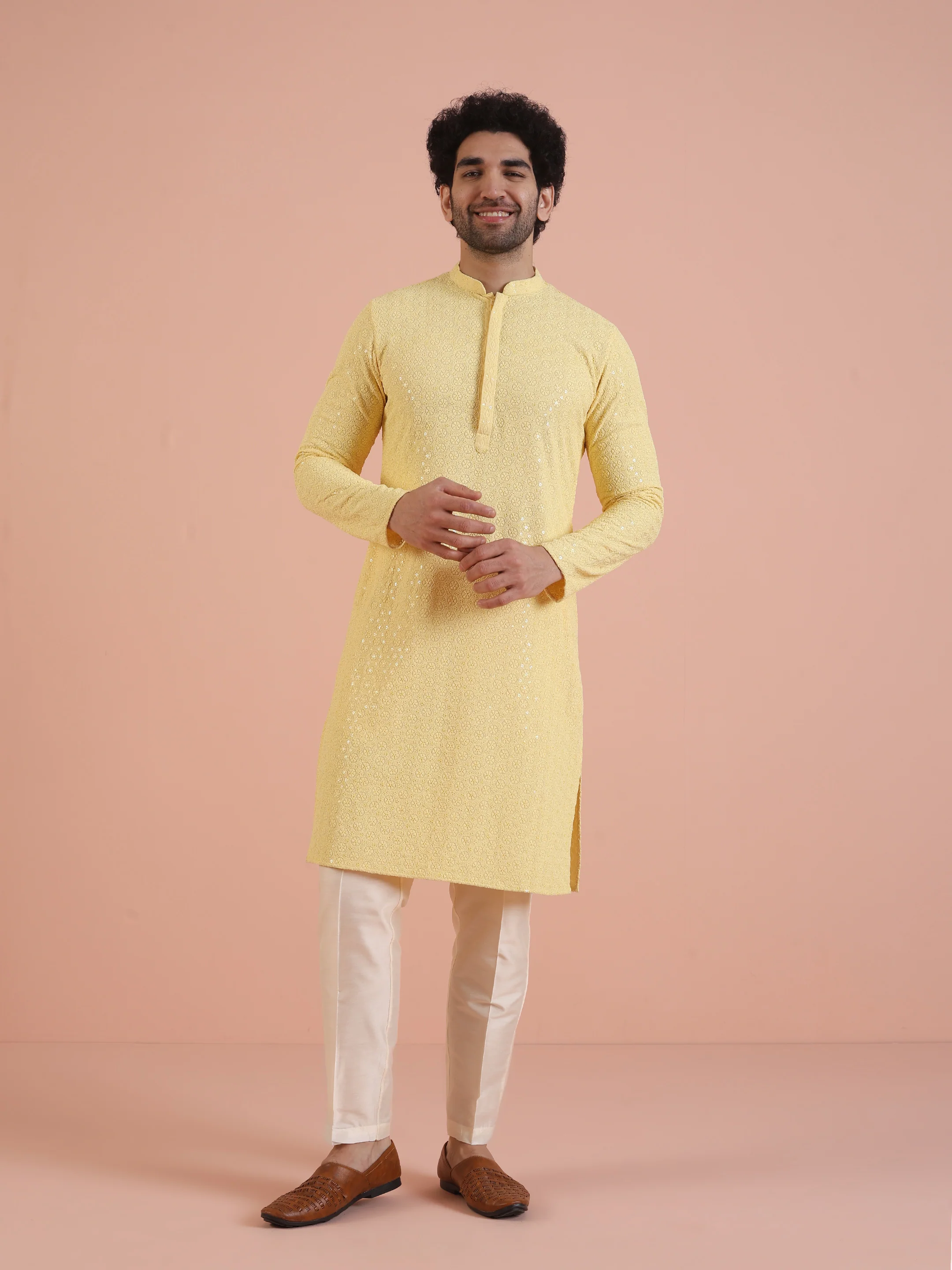 Men Yellow Embroidered Thread Work Kurta Trouser Set - Image 10