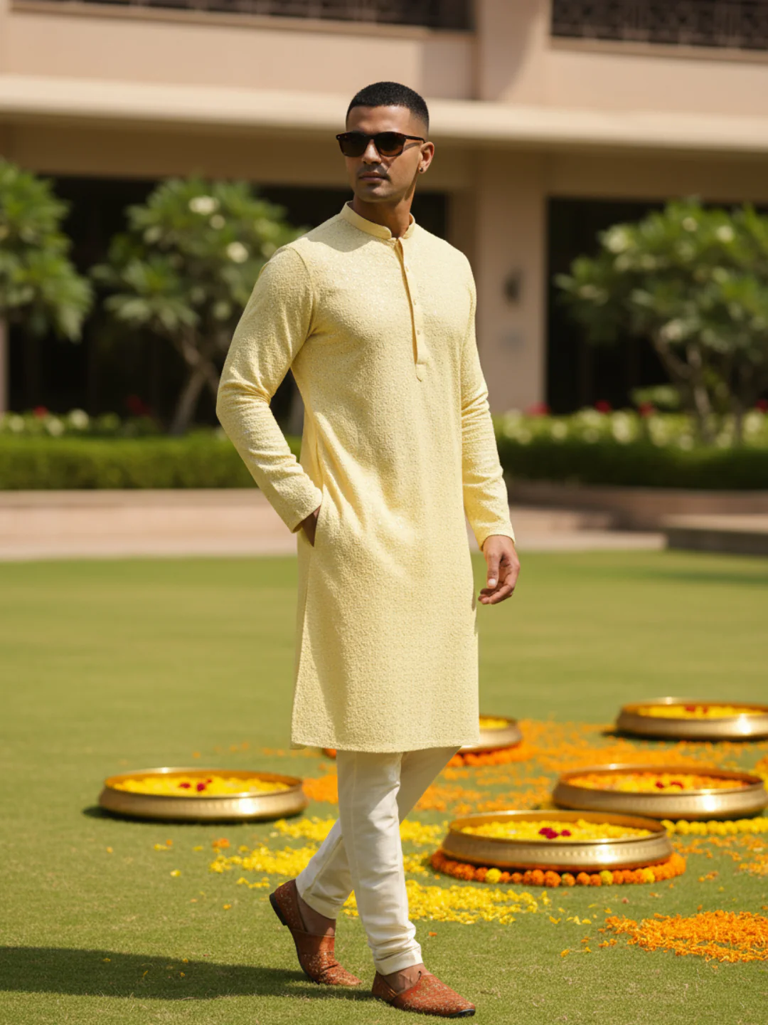 Men Yellow Embroidered Thread Work Kurta Trouser Set - Image 11