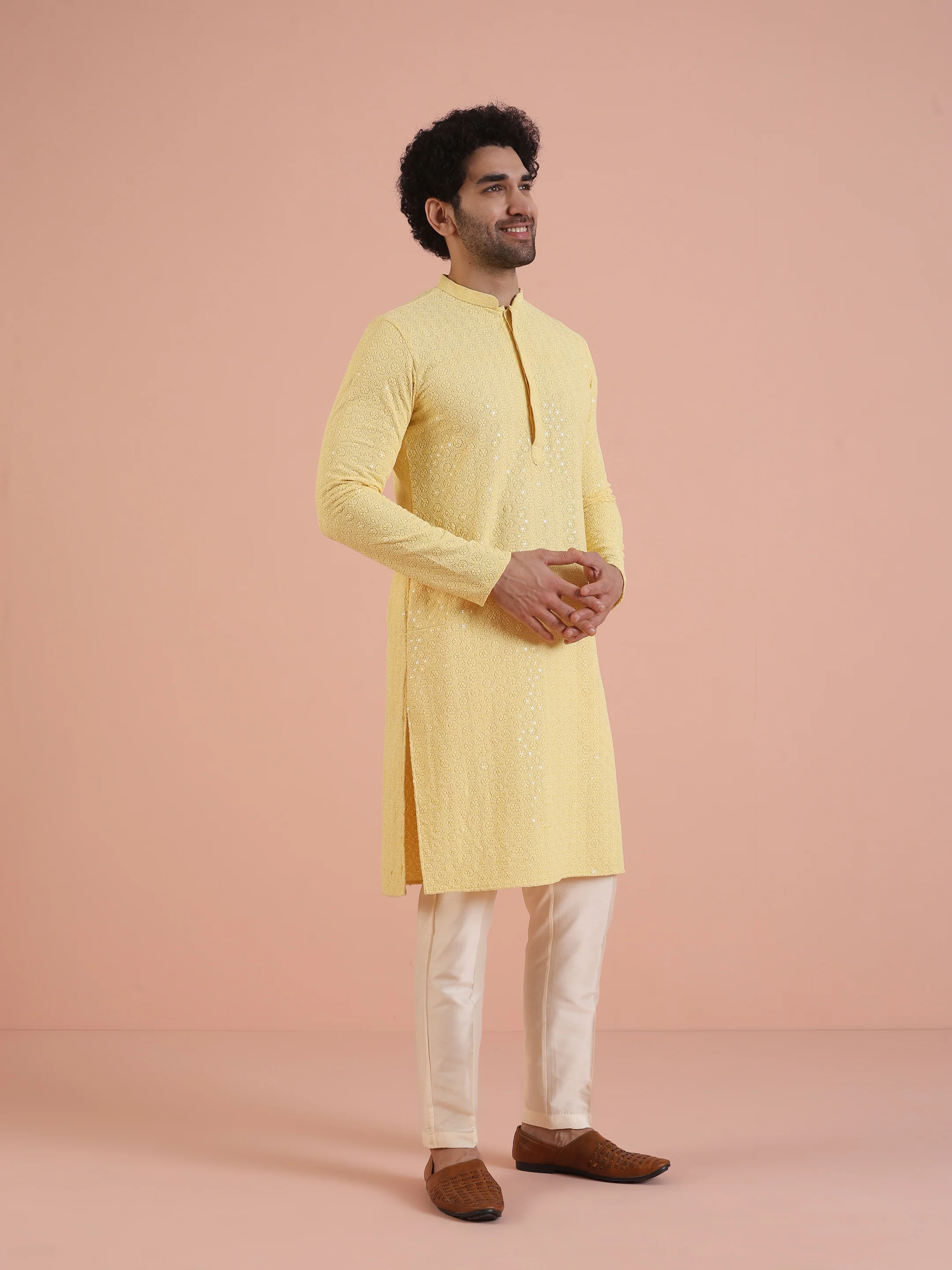 Men Yellow Embroidered Thread Work Kurta Trouser Set - Image 3