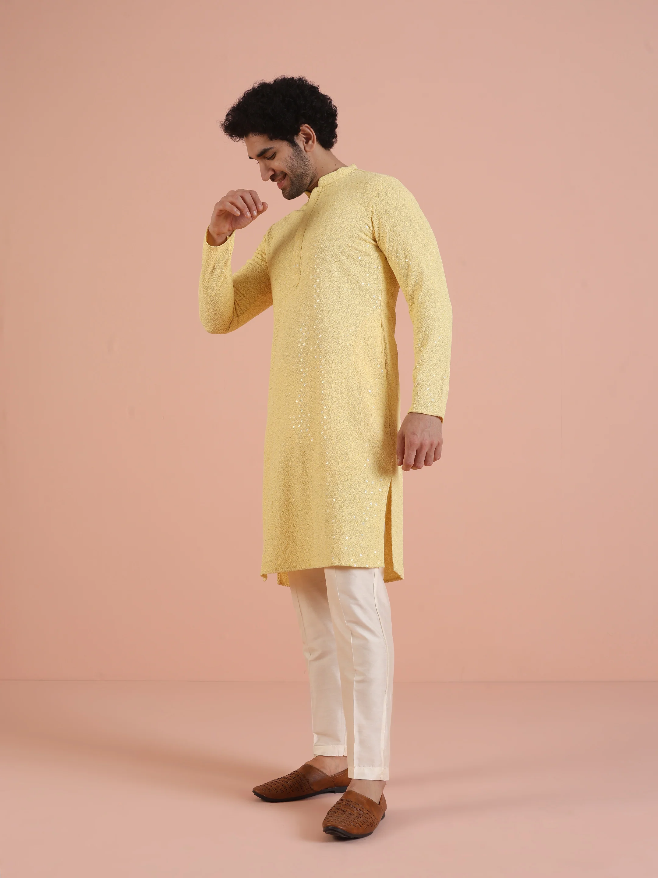 Men Yellow Embroidered Thread Work Kurta Trouser Set - Image 4