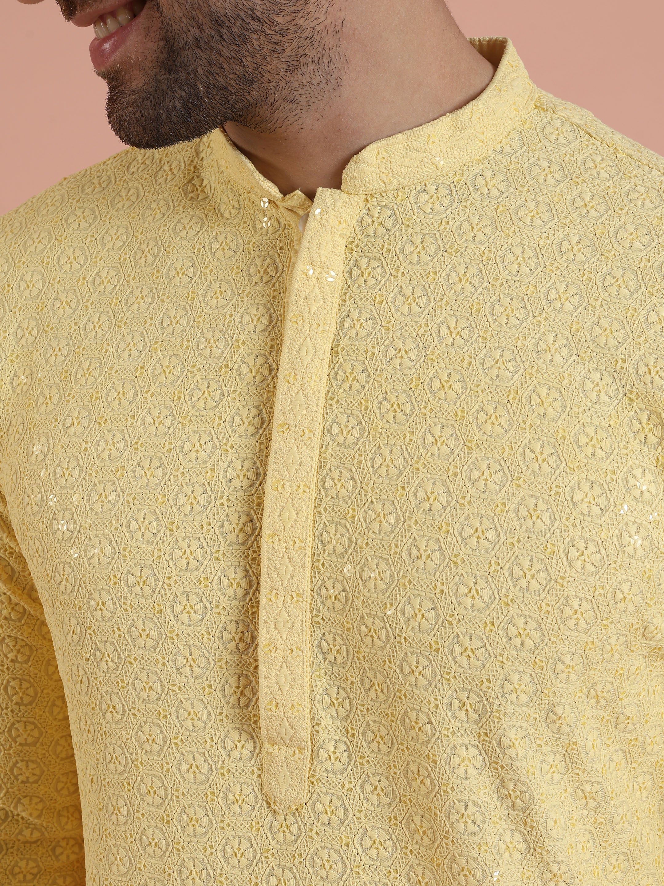 Men Yellow Embroidered Thread Work Kurta Trouser Set - Image 6
