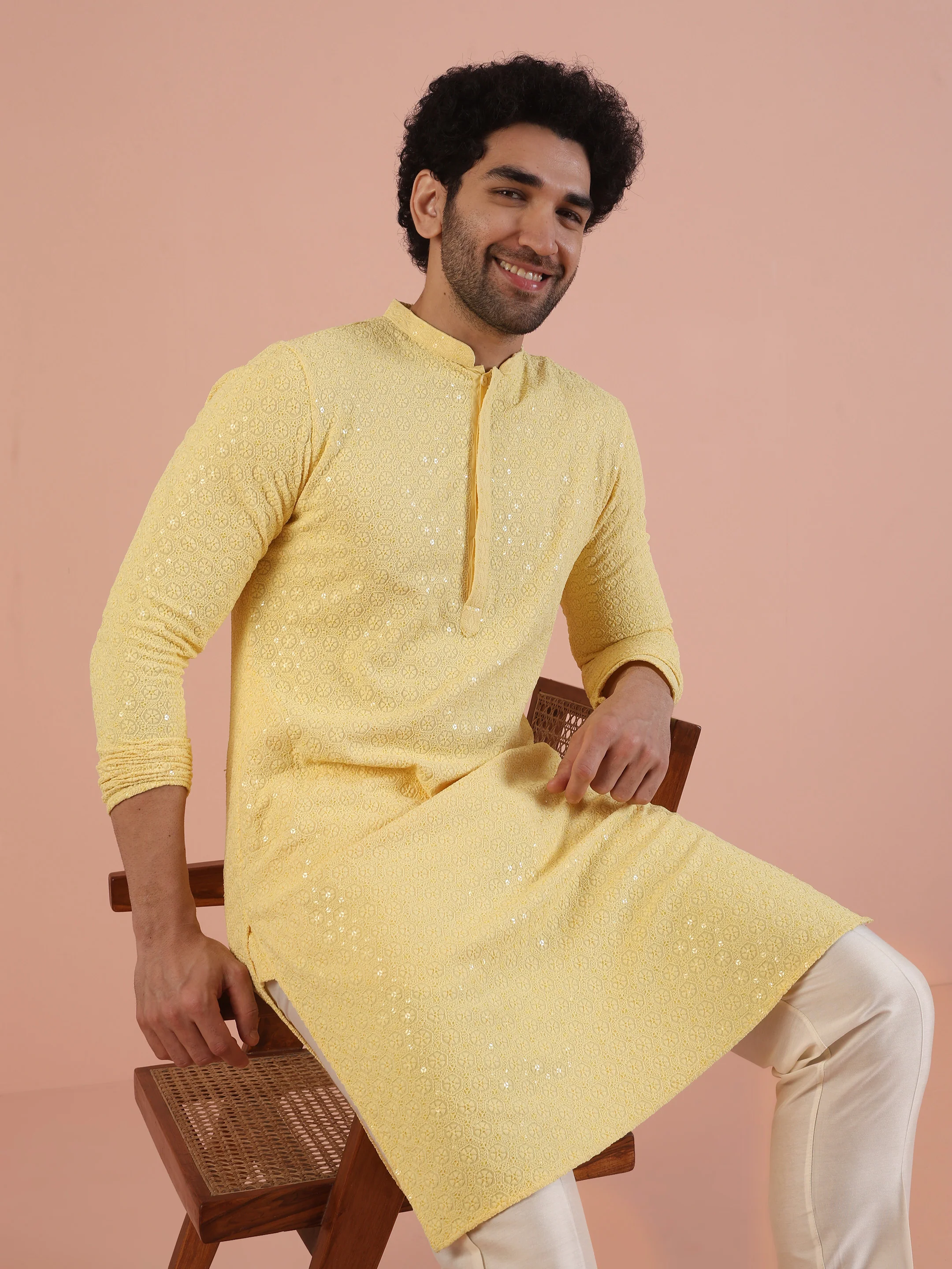 Men Yellow Embroidered Thread Work Kurta Trouser Set - Image 8