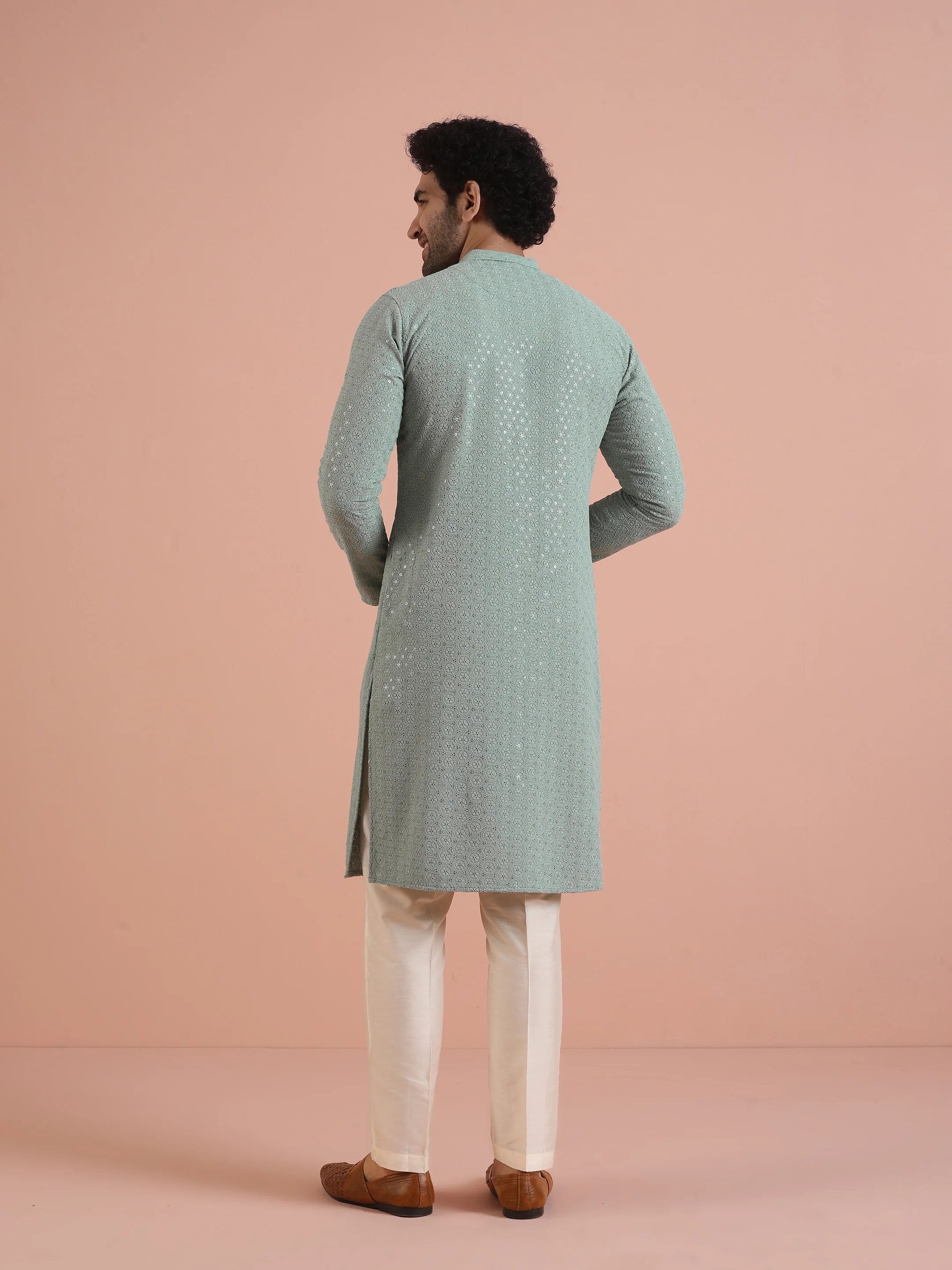 Mint Green Printed Sequinned Kurta - Image 4