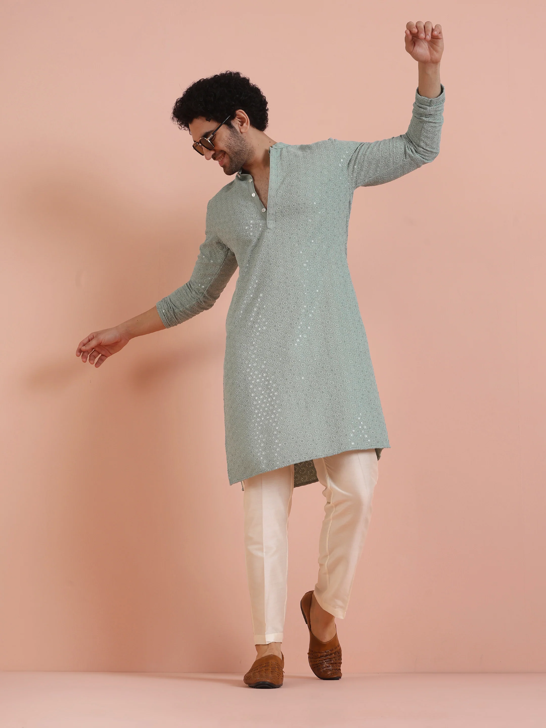 Mint Green Printed Sequinned Kurta - Image 7