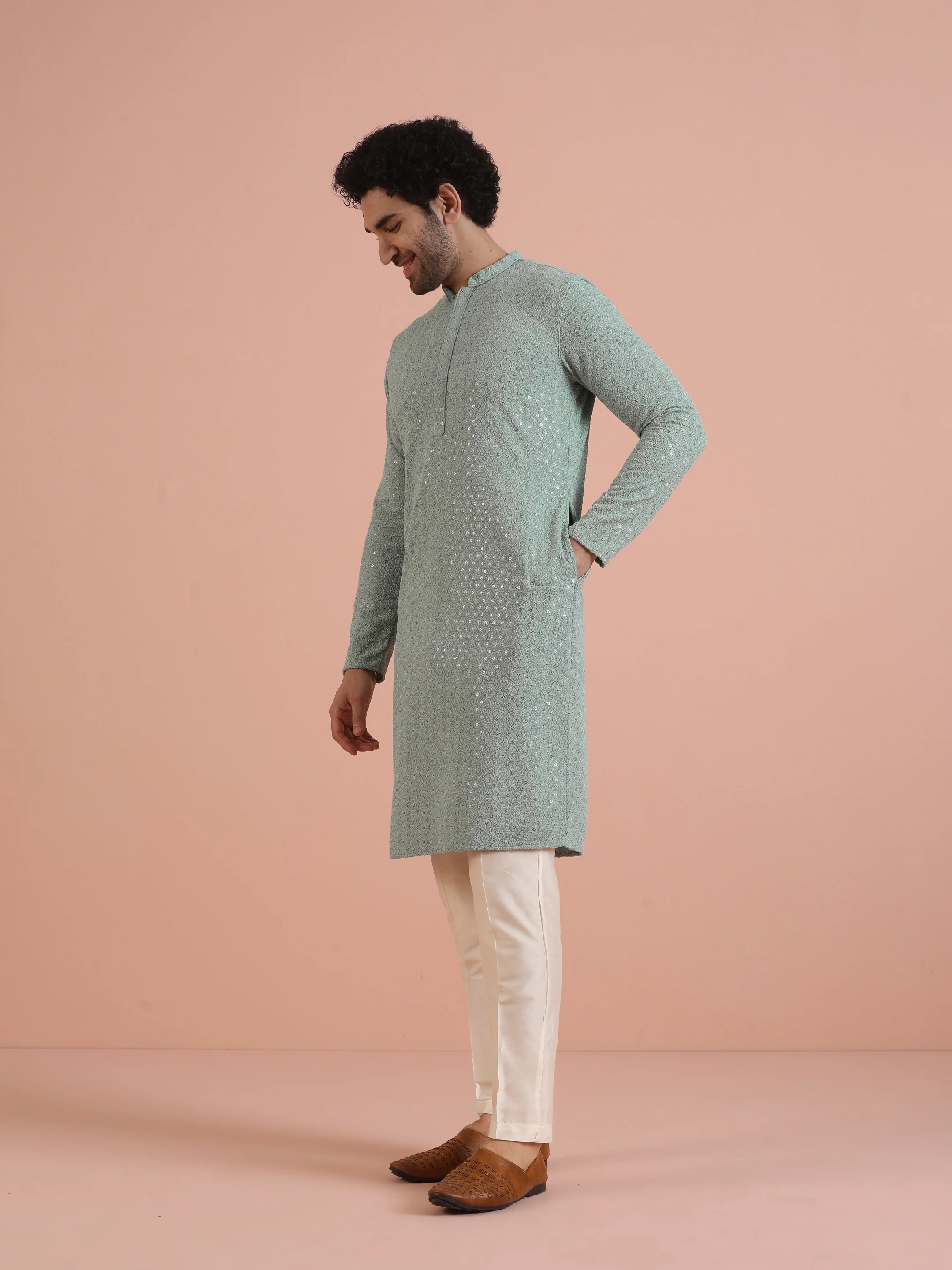 Mint Green Sequinned Kurta Cream Trouser Set - Image 3
