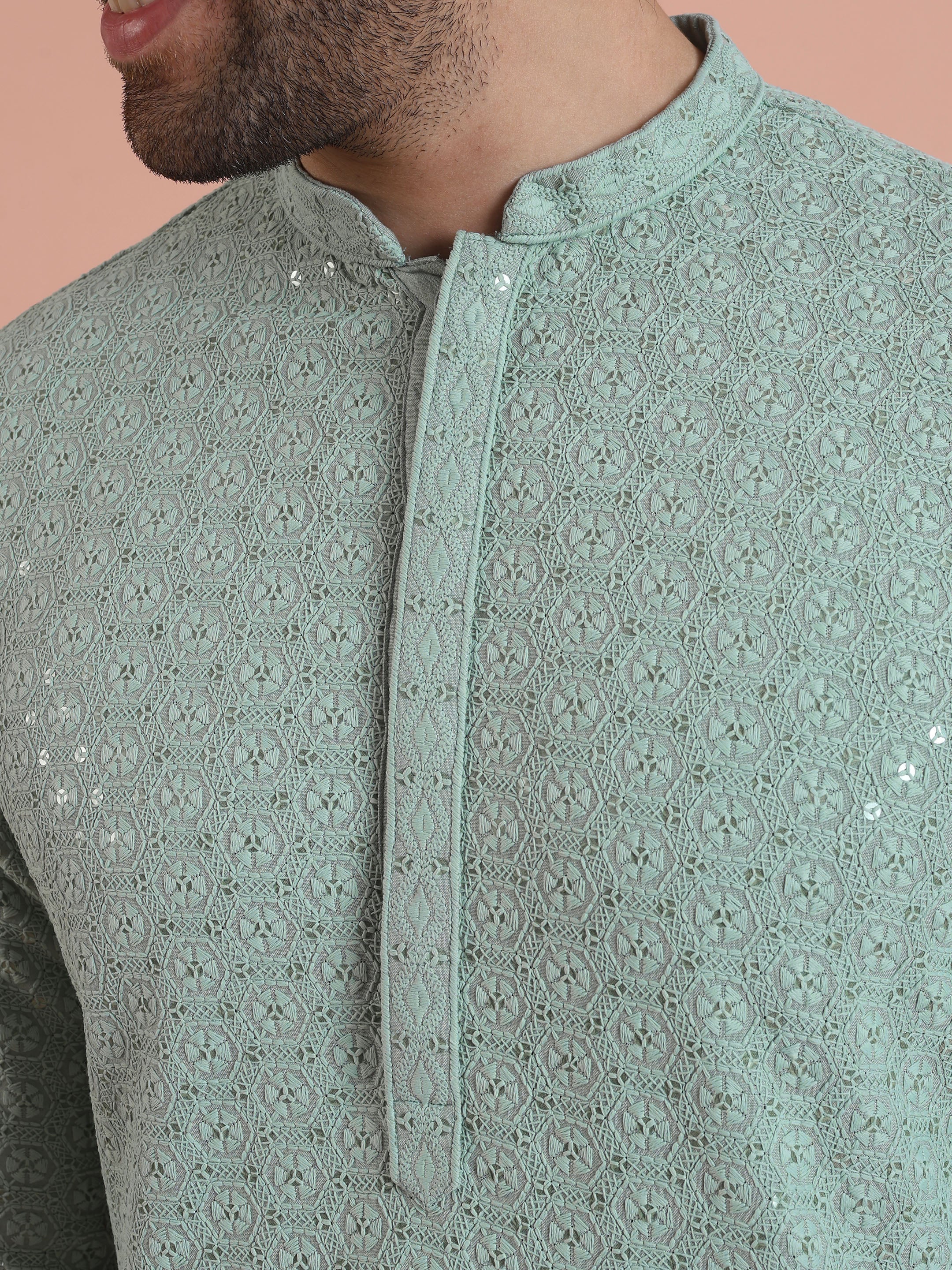 Mint Green Sequinned Kurta Cream Trouser Set - Image 5