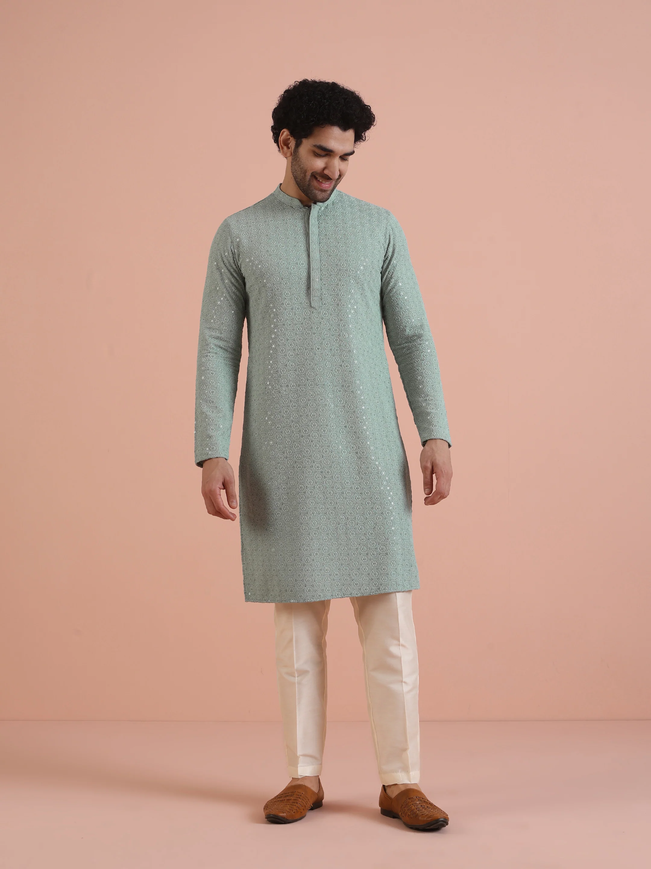 Mint Green Sequinned Kurta Cream Trouser Set - Image 9