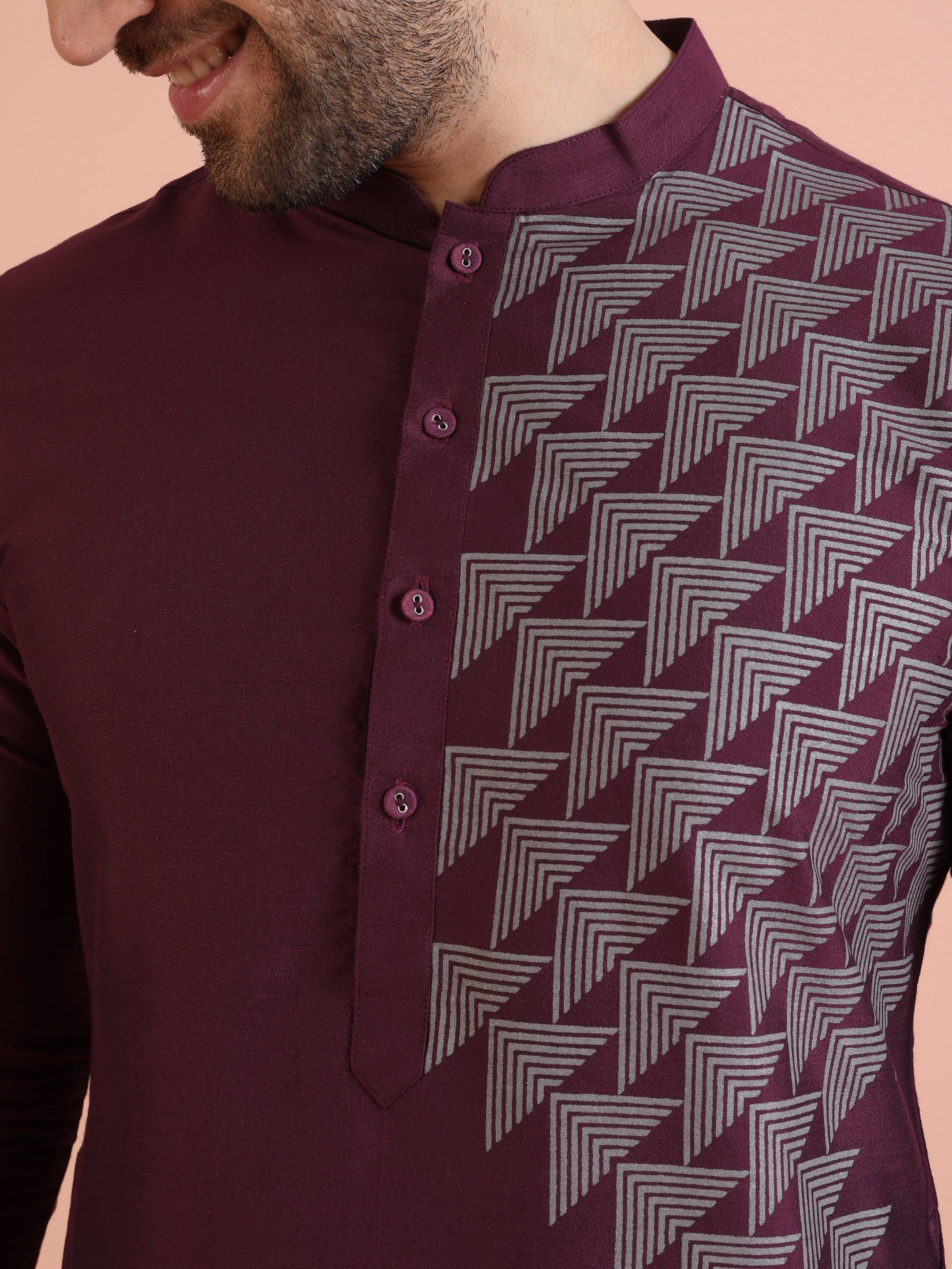 Men Wine Printed Geometric Kurta Trouser Set - Image 5