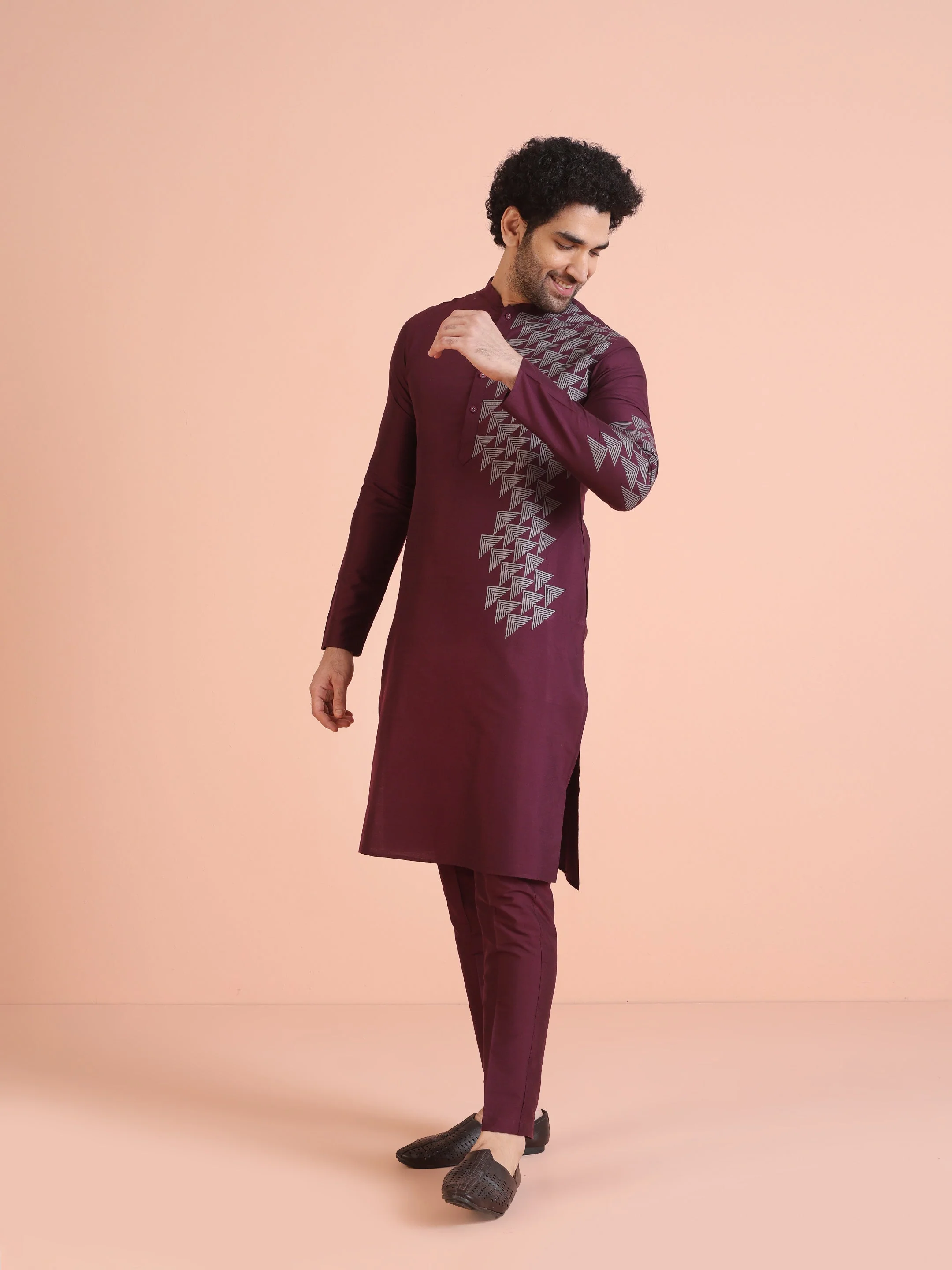 Men Wine Printed Geometric Kurta Trouser Set - Image 8