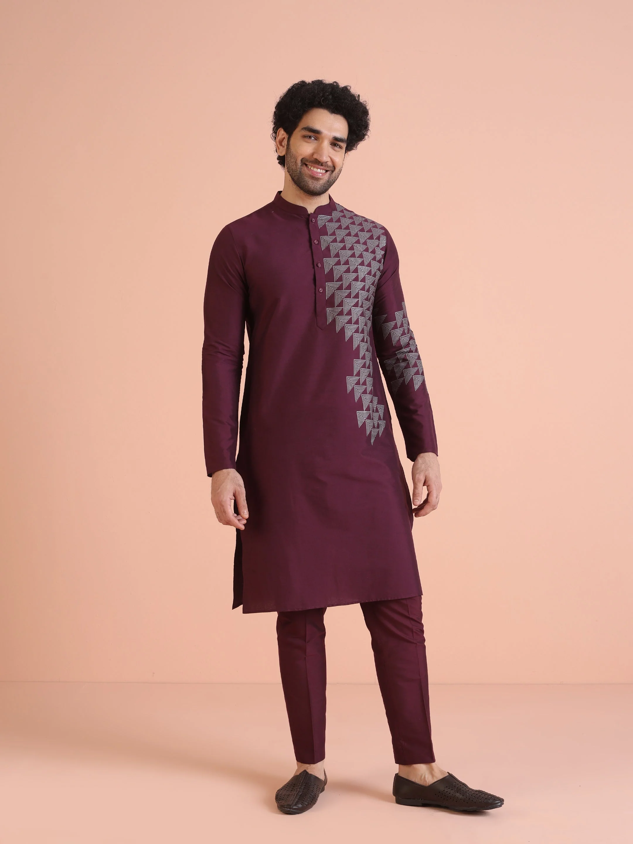 Men Wine Printed Geometric Kurta Trouser Set - Image 9